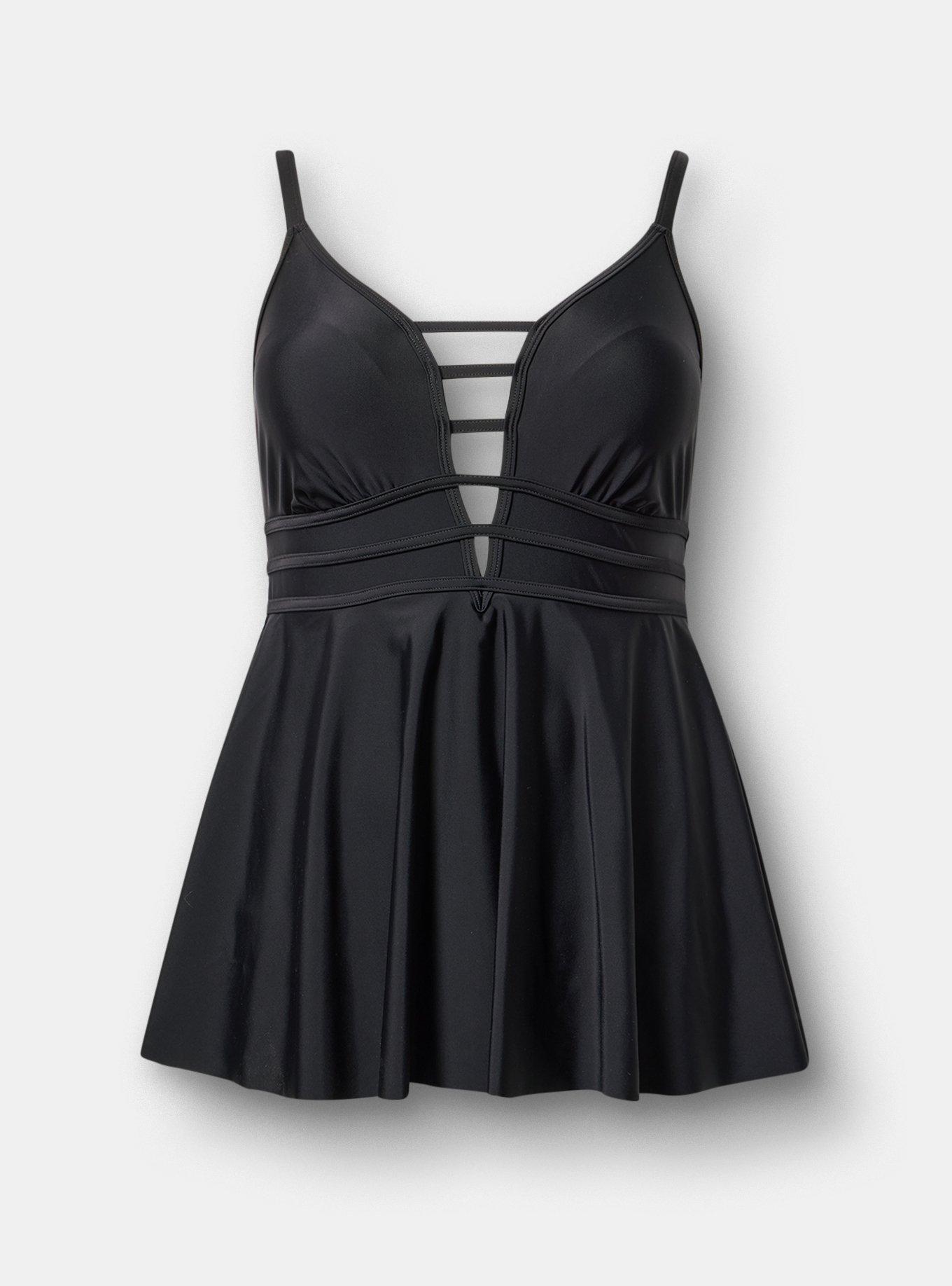 Wire-Free Strappy Plunge Swim Dress With Brief, DEEP BLACK, hi-res