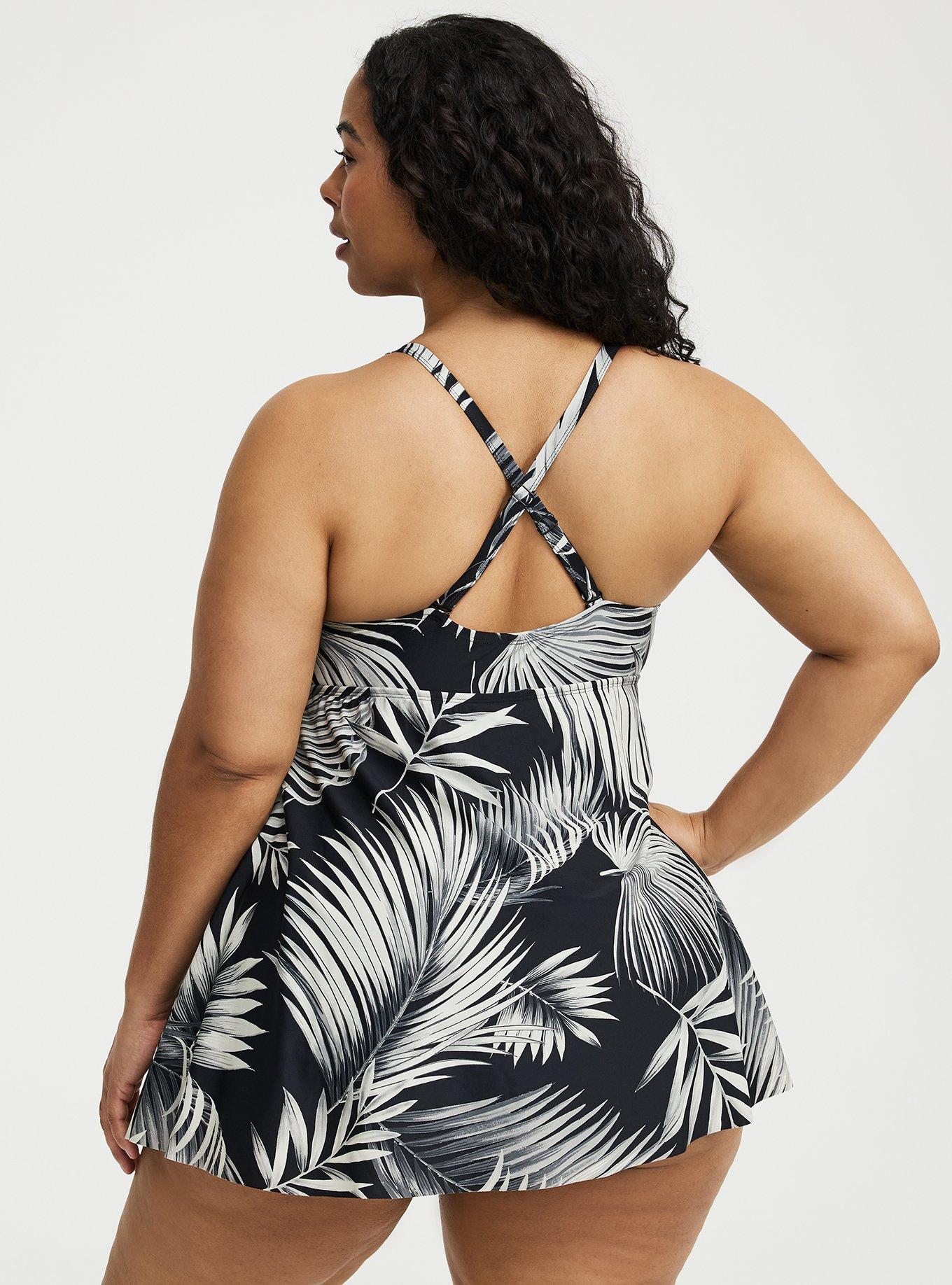 Wire-Free XO Triangle Swim Dress With Brief, SHADED PALMS BLACK, alternate