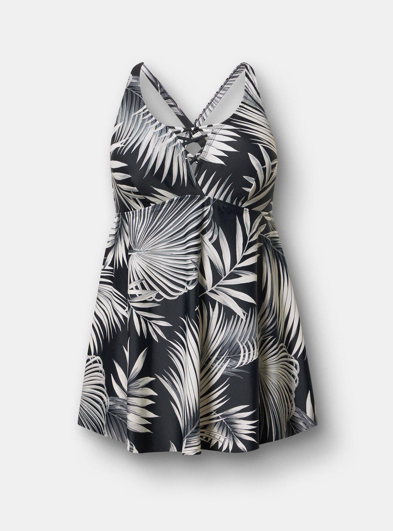 Wire-Free XO Triangle Swim Dress With Brief, SHADED PALMS BLACK, hi-res