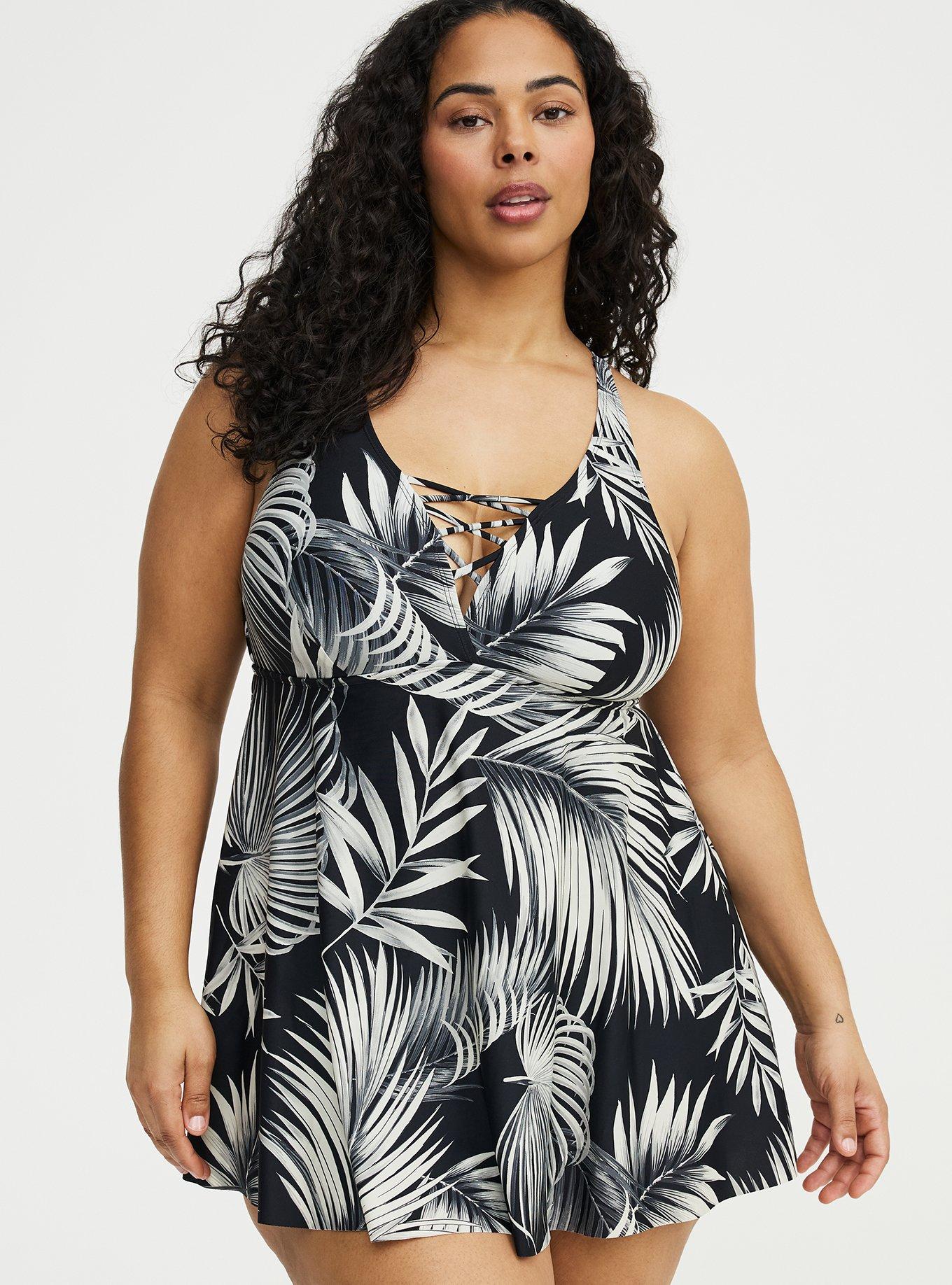 Wire-Free XO Triangle Swim Dress With Brief, SHADED PALMS BLACK, hi-res