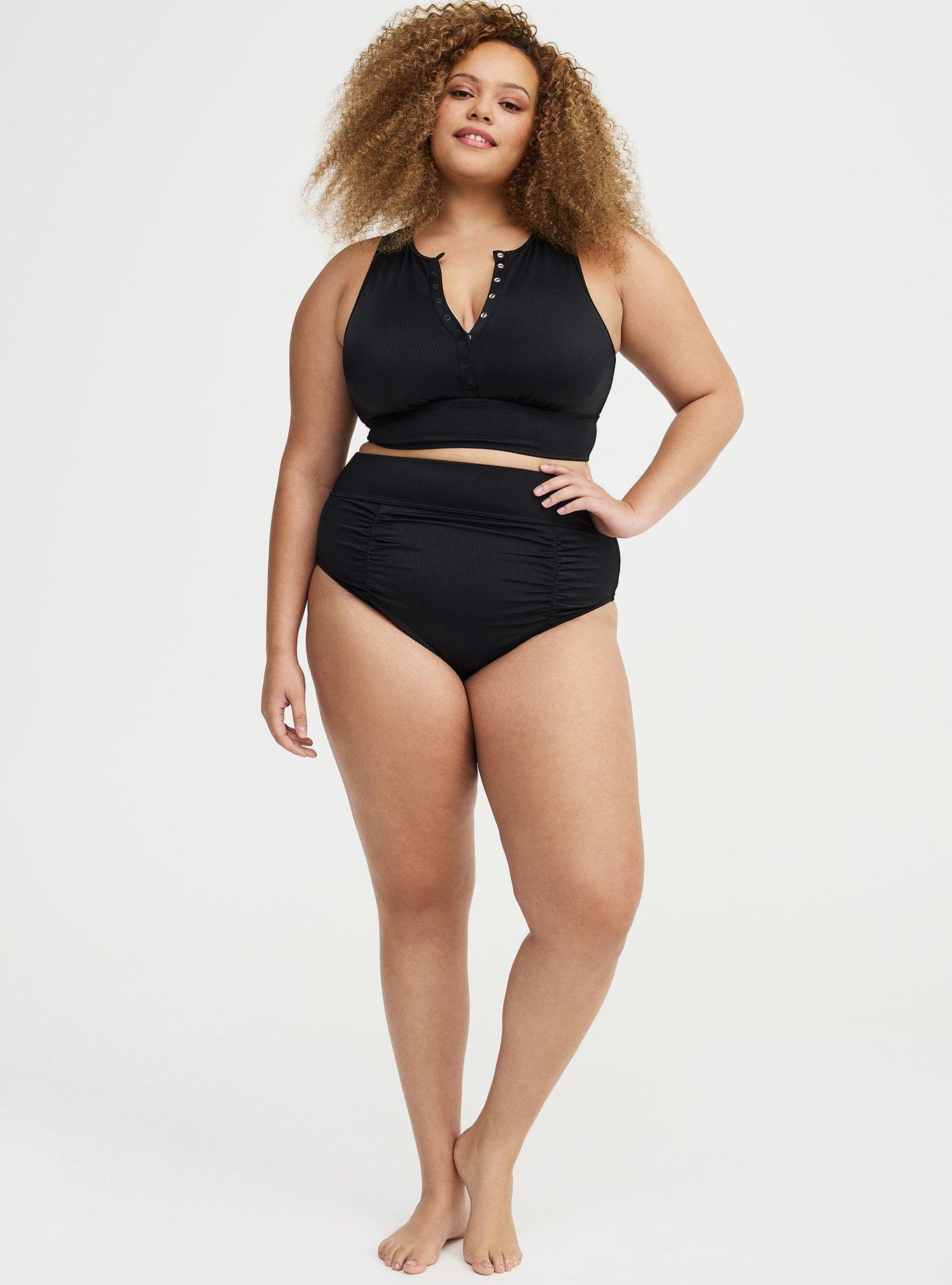 Wire-Free Ribbed Henley High Neck Bikini Top, DEEP BLACK, alternate