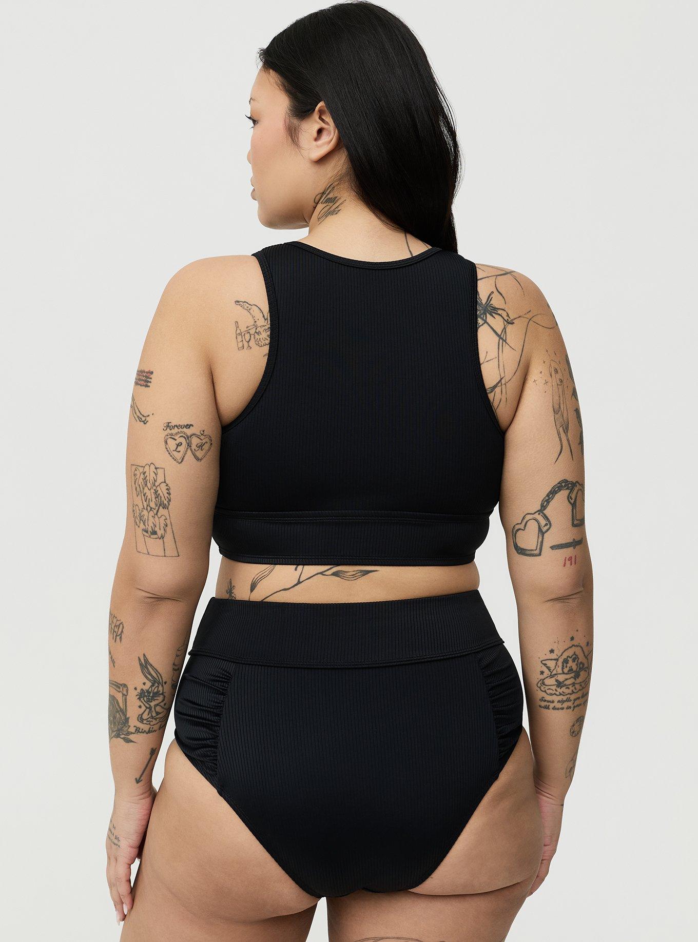 Wire-Free Ribbed Henley High Neck Bikini Top, DEEP BLACK, alternate