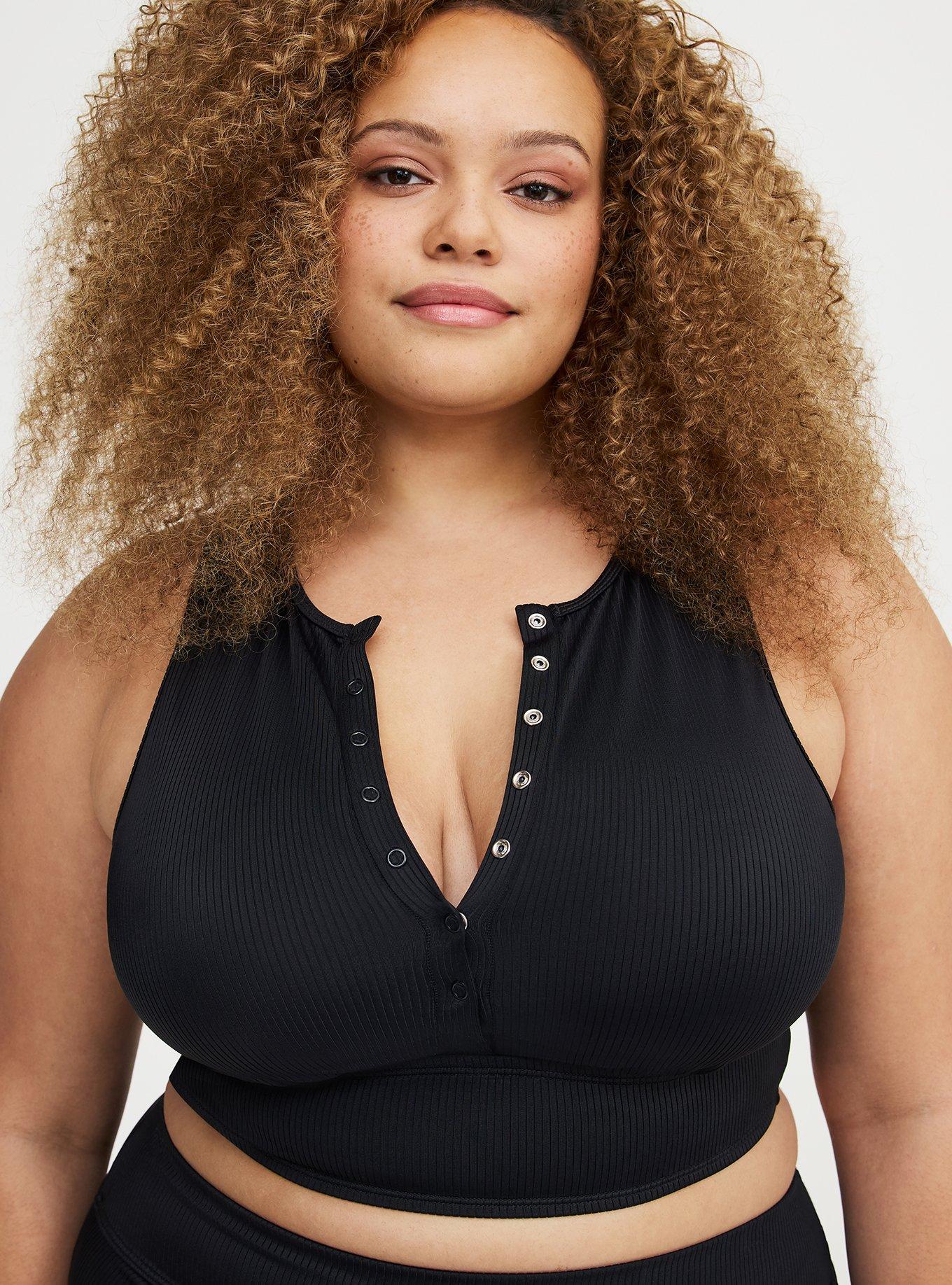 Wire-Free Ribbed Henley High Neck Bikini Top, DEEP BLACK, alternate