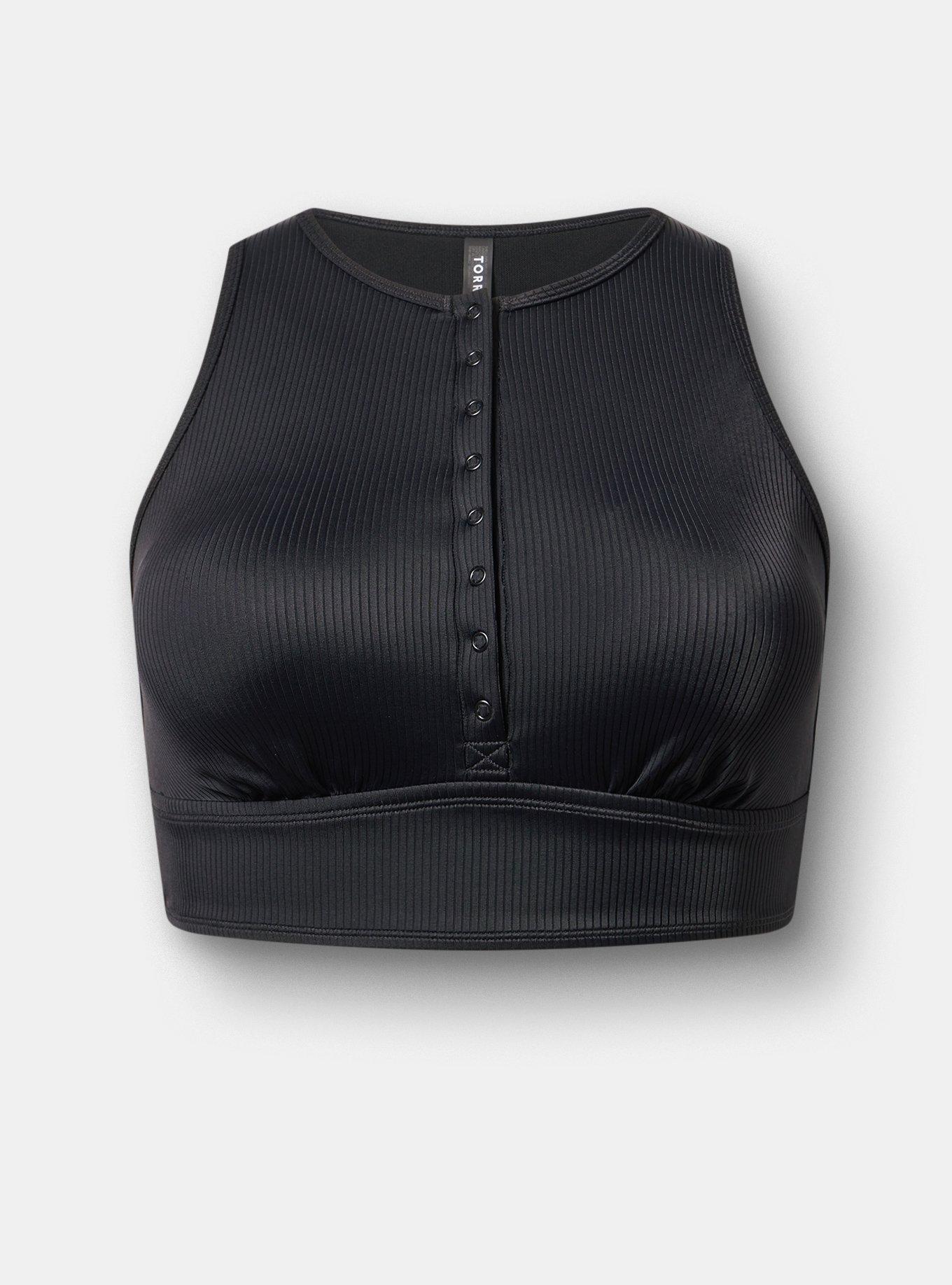 Wire-Free Ribbed Henley High Neck Bikini Top, DEEP BLACK, hi-res