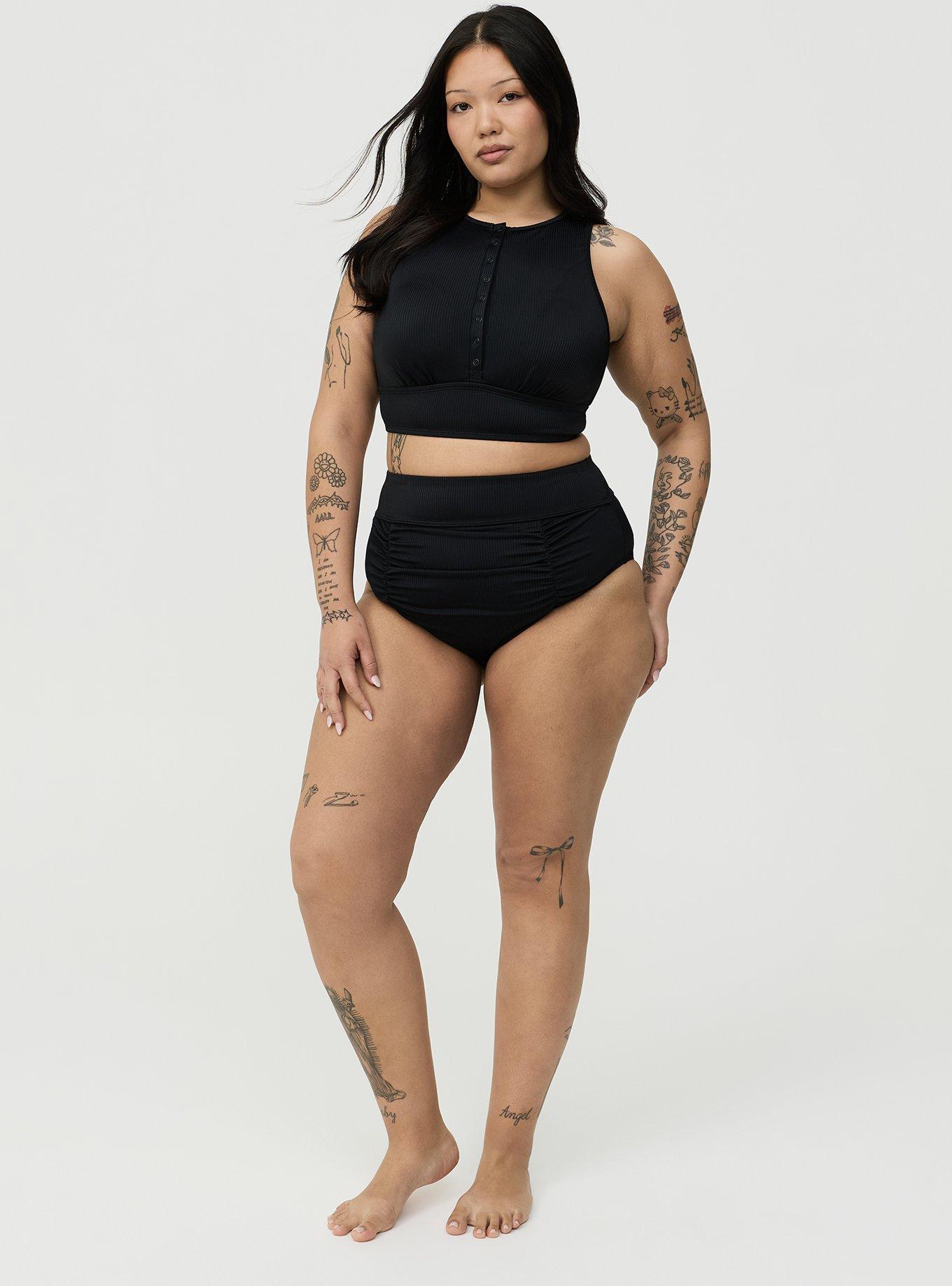 Plus Size Ribbed Cheeky Swim Bottom, DEEP BLACK, hi-res