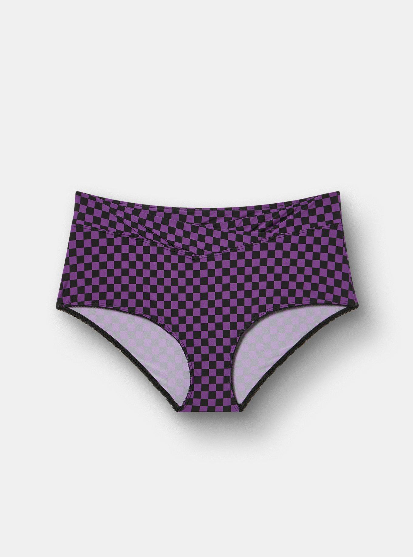 Plus Size Microfiber Cross Front Mid-Rise Brief Panty, SUNNY CHECK PURPLE MAGIC, flat