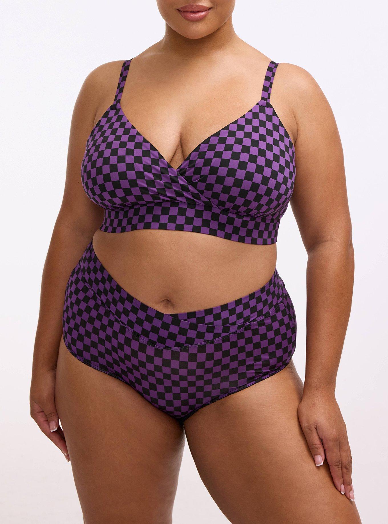 Plus Size Microfiber Cross Front Mid-Rise Brief Panty, SUNNY CHECK PURPLE MAGIC, hi-res