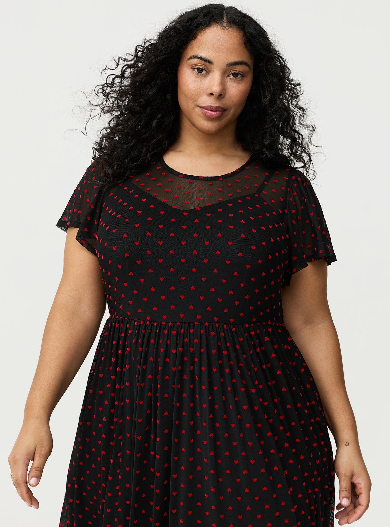 Heart Flocked Mesh Midi Dress