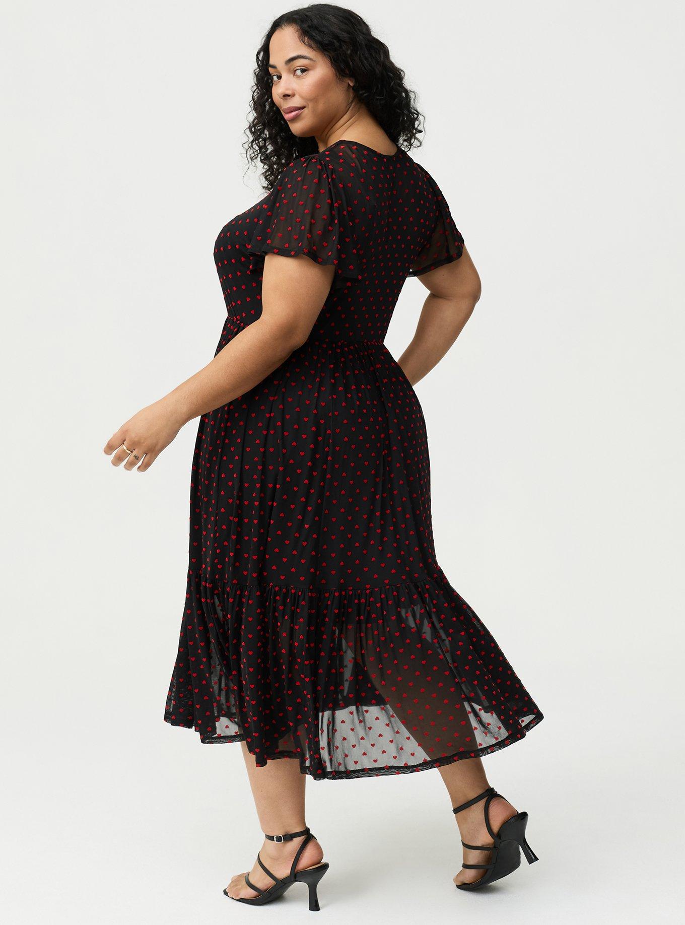 Heart Flocked Mesh Midi Dress