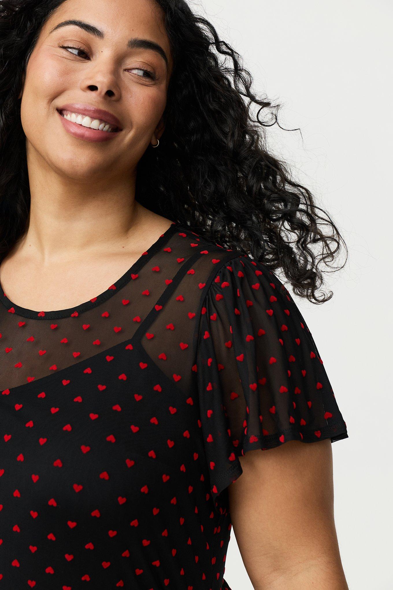 Heart Flocked Mesh Midi Dress