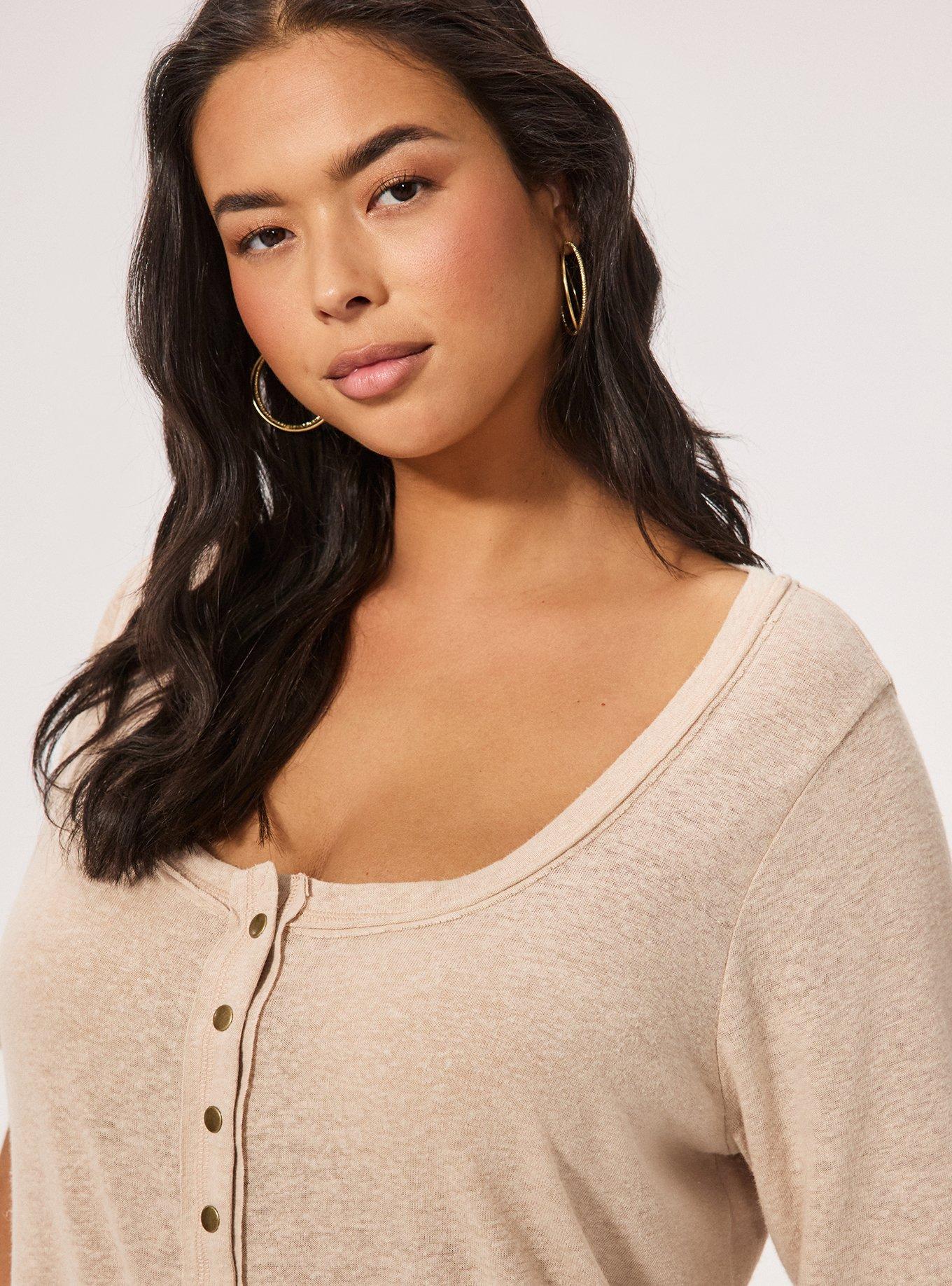 Festi Linen Blend Scoop Neck Relaxed Henley, MUSHROOM, alternate