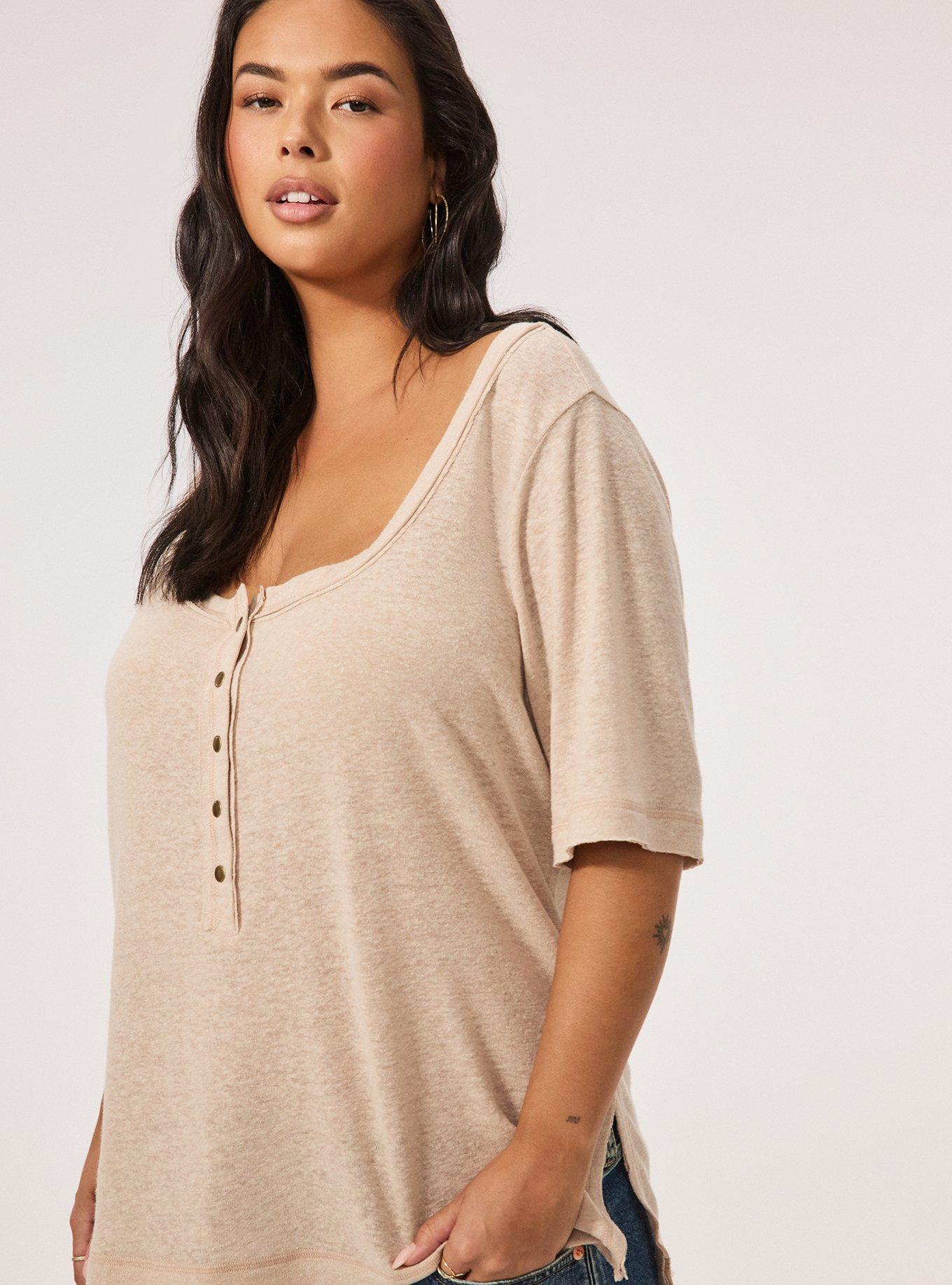 Festi Linen Blend Scoop Neck Relaxed Henley, MUSHROOM, alternate