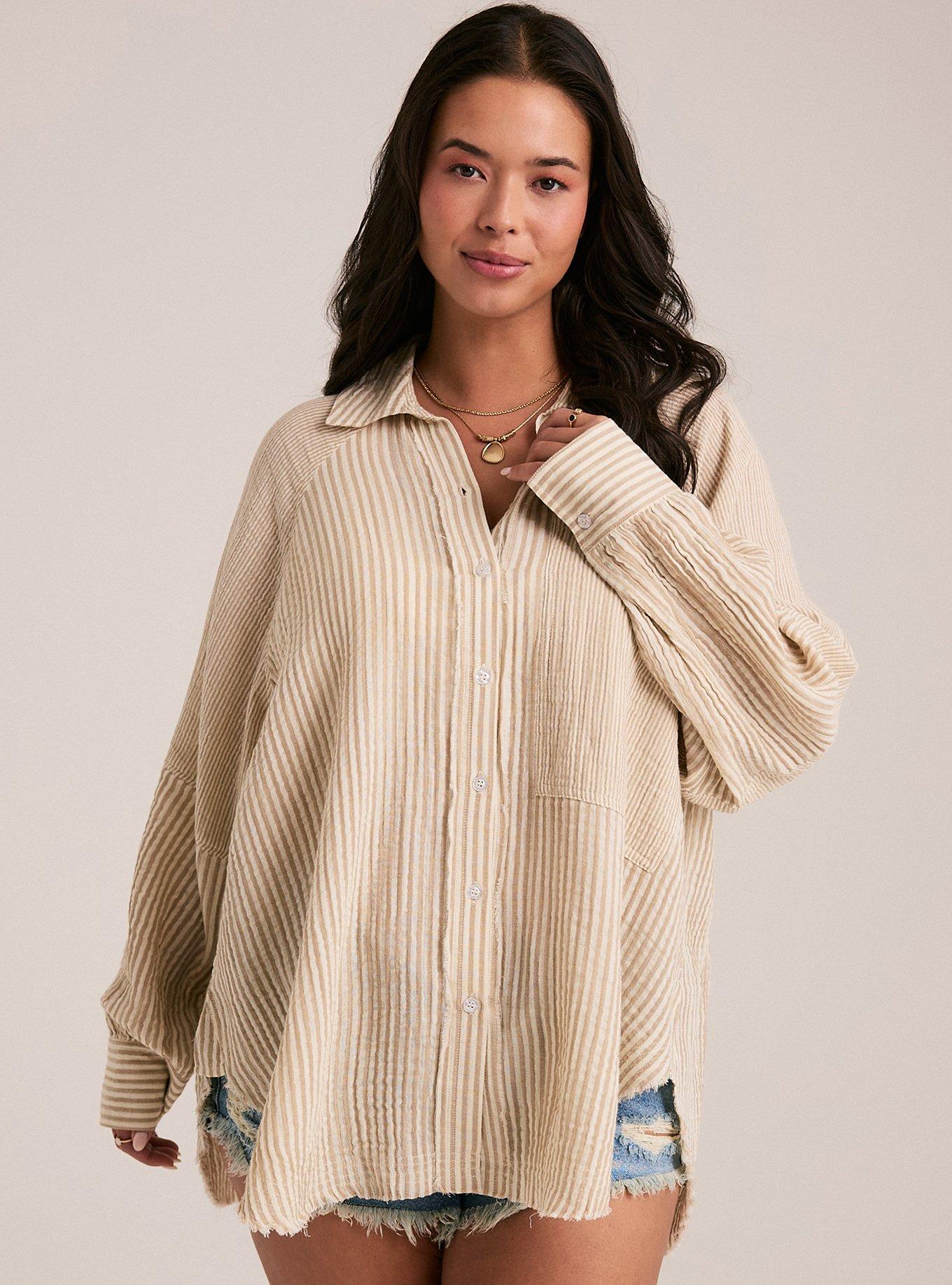Plus Size Festi Cotton Button-Up Relaxed Tunic, FESTI MIX STRIPE TAN WHITE, hi-res