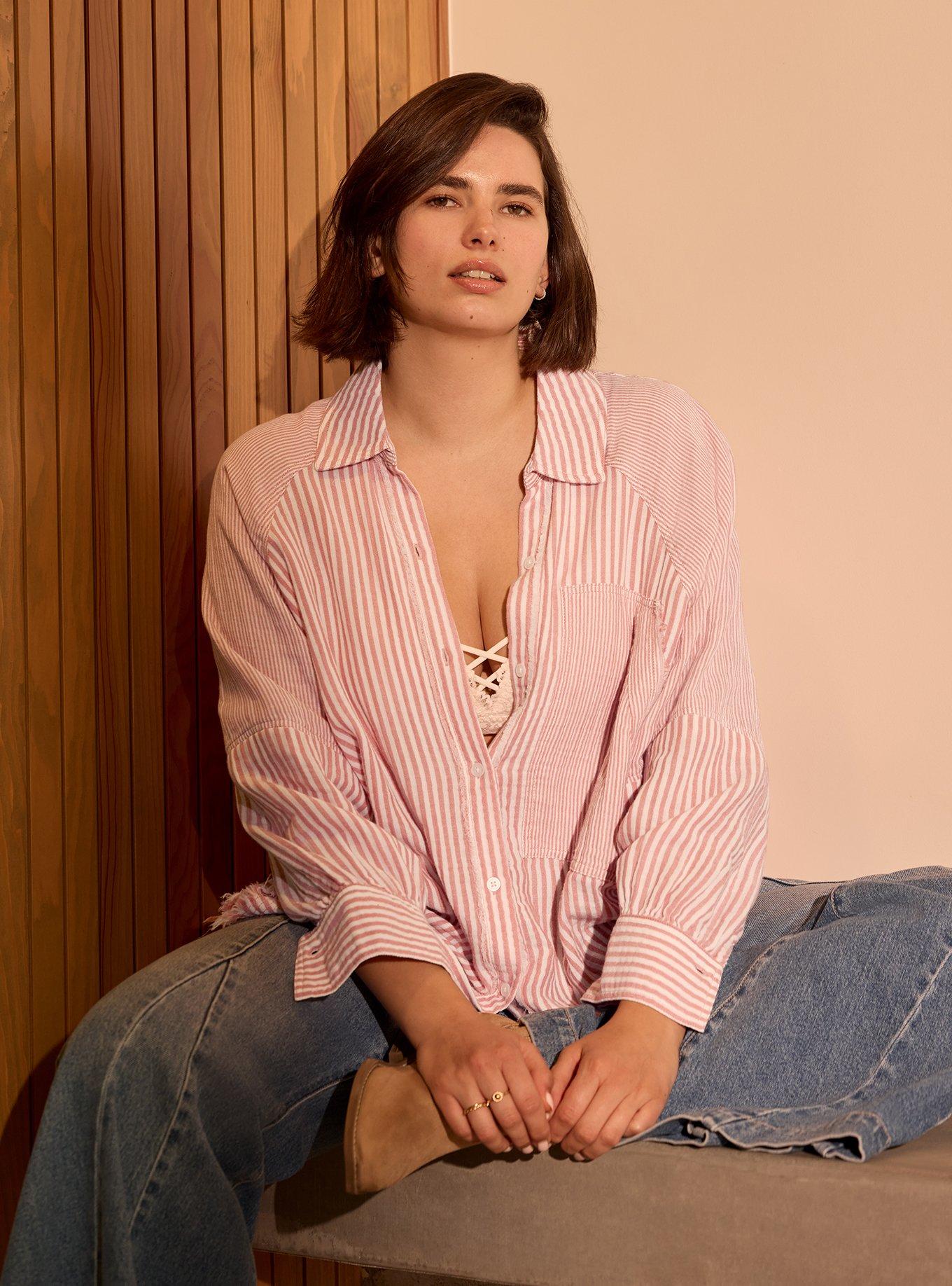 Festi Cotton Button-Up Relaxed Tunic, FESTI MIX STRIPE OLD ROSE, hi-res
