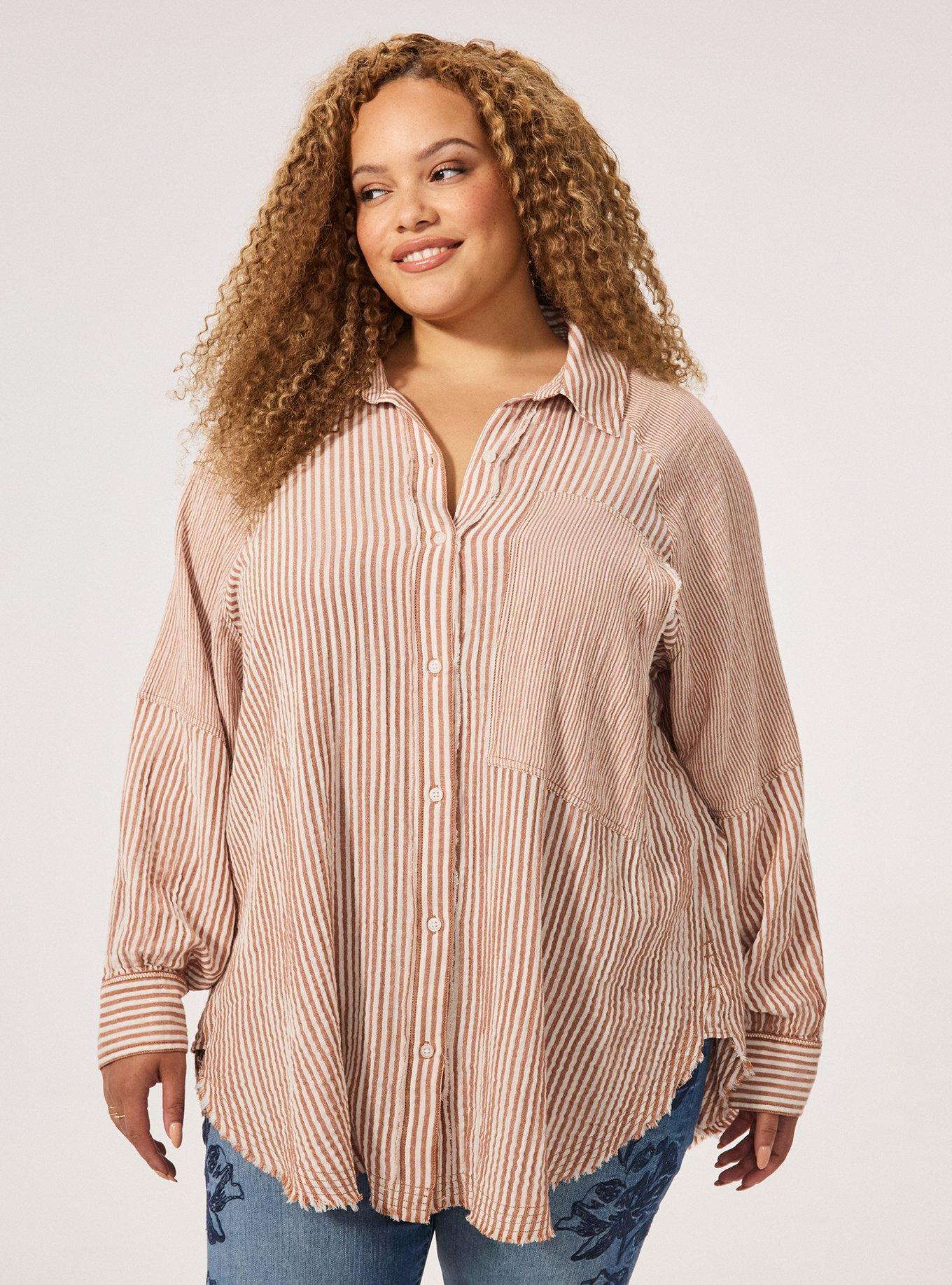 Festi Cotton Button-Up Relaxed Tunic, FESTI MIX STRIPE MOCHA BISQUE, hi-res