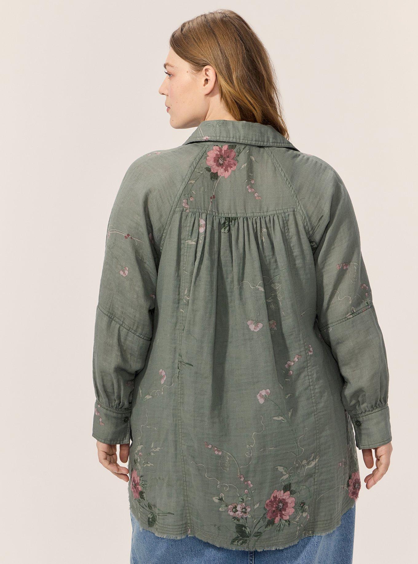 Festi Cotton Button-Up Relaxed Tunic, VINES FLORAL GREEN, alternate