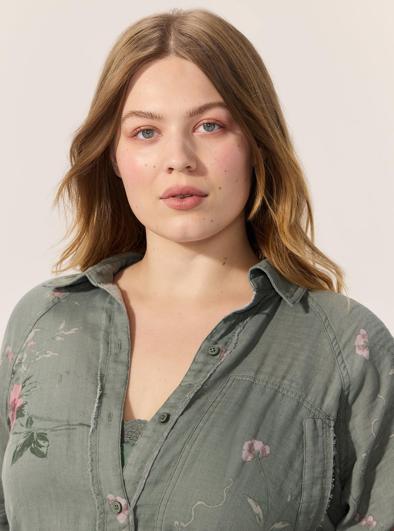 Festi Cotton Button-Up Relaxed Tunic, VINES FLORAL GREEN, alternate