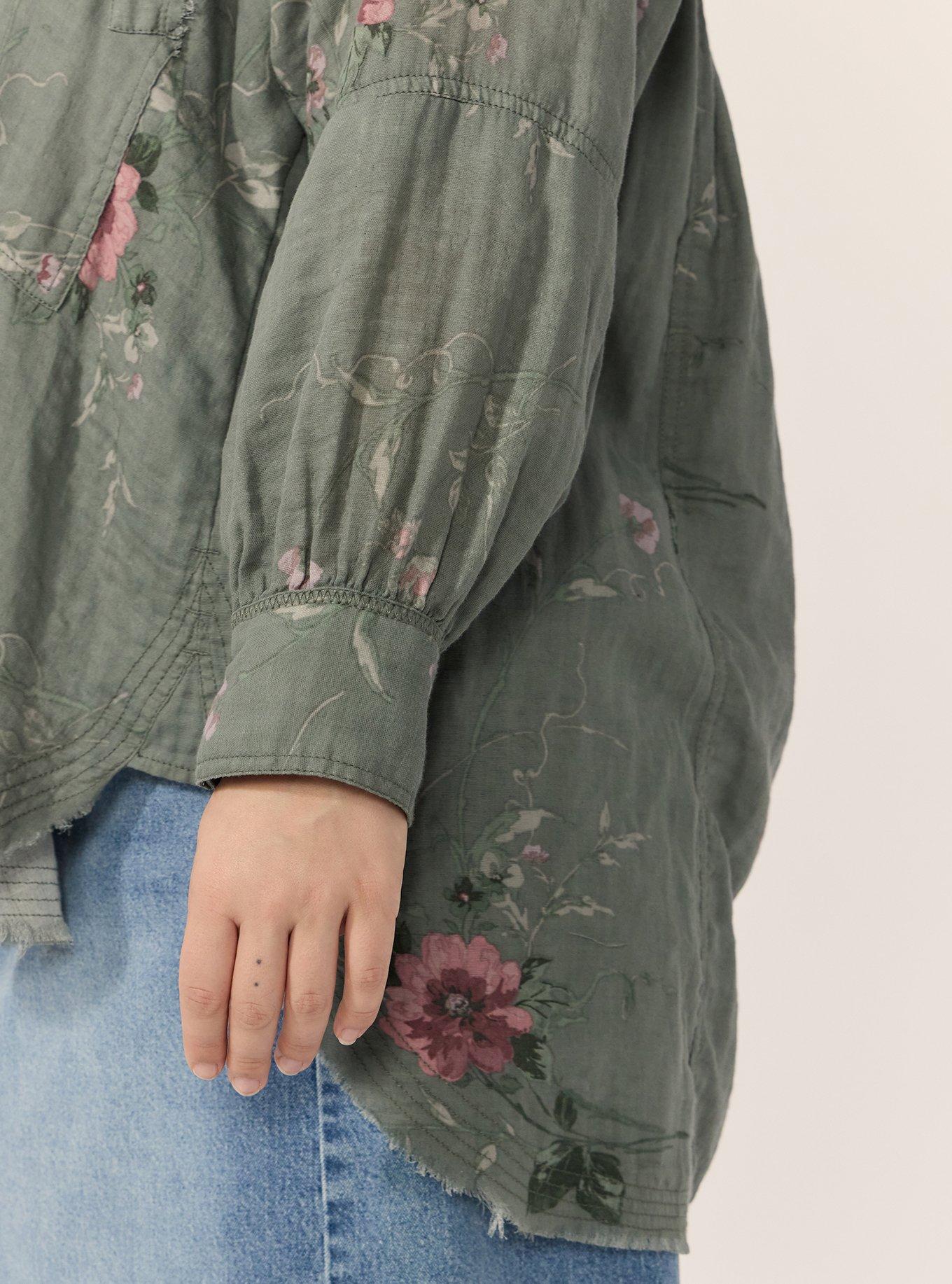 Festi Cotton Button-Up Relaxed Tunic, VINES FLORAL GREEN, alternate