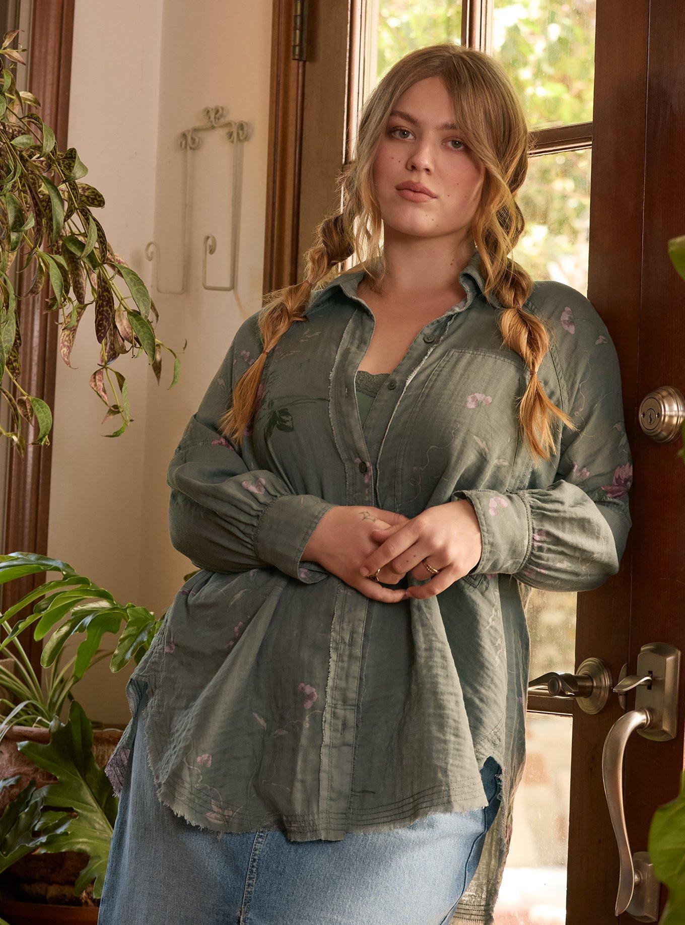 Festi Cotton Button-Up Relaxed Tunic, VINES FLORAL GREEN, hi-res