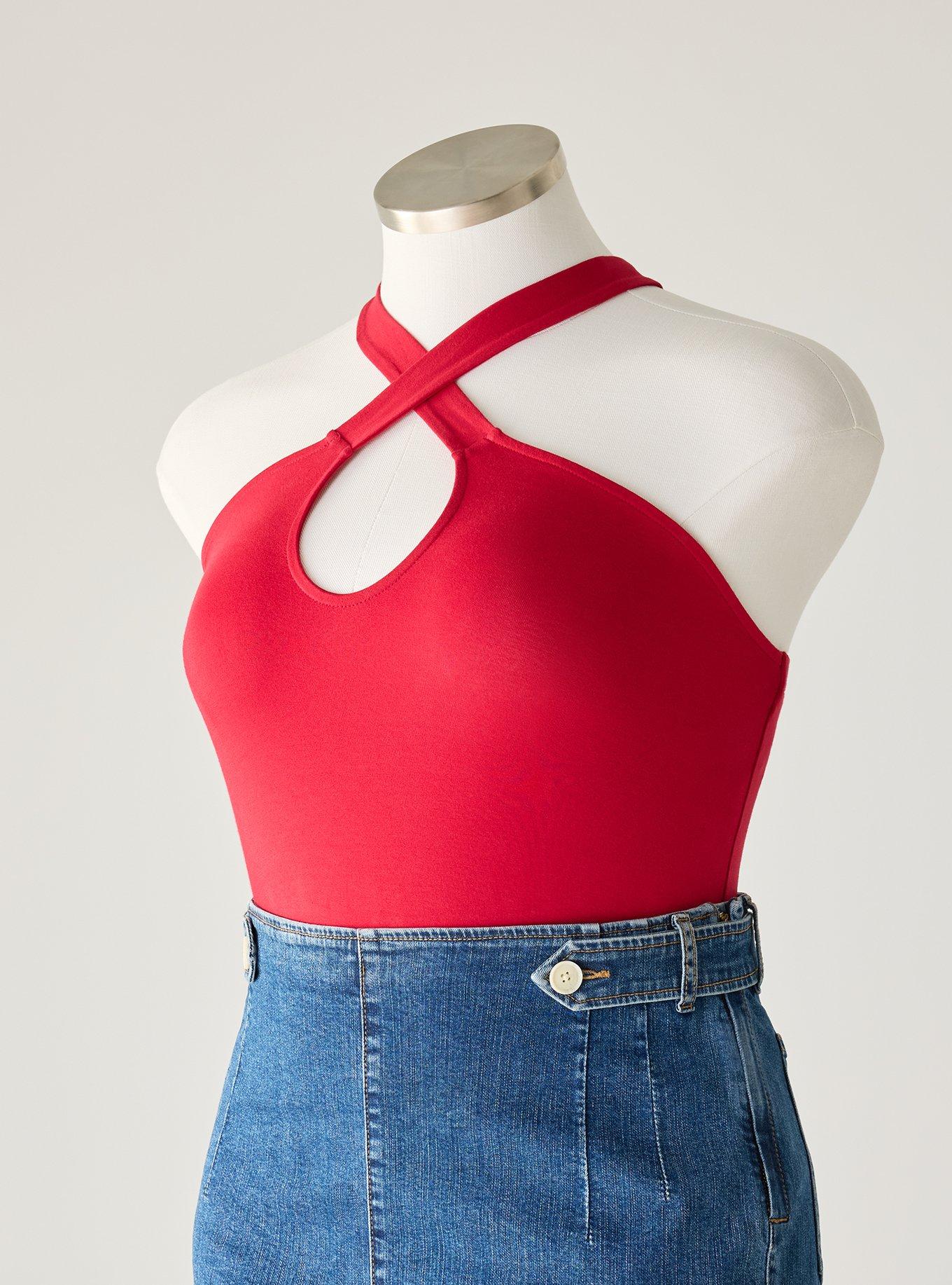 Plus Size Retro Chic Foxy Twist Neck Halter Top, JESTER RED, flat