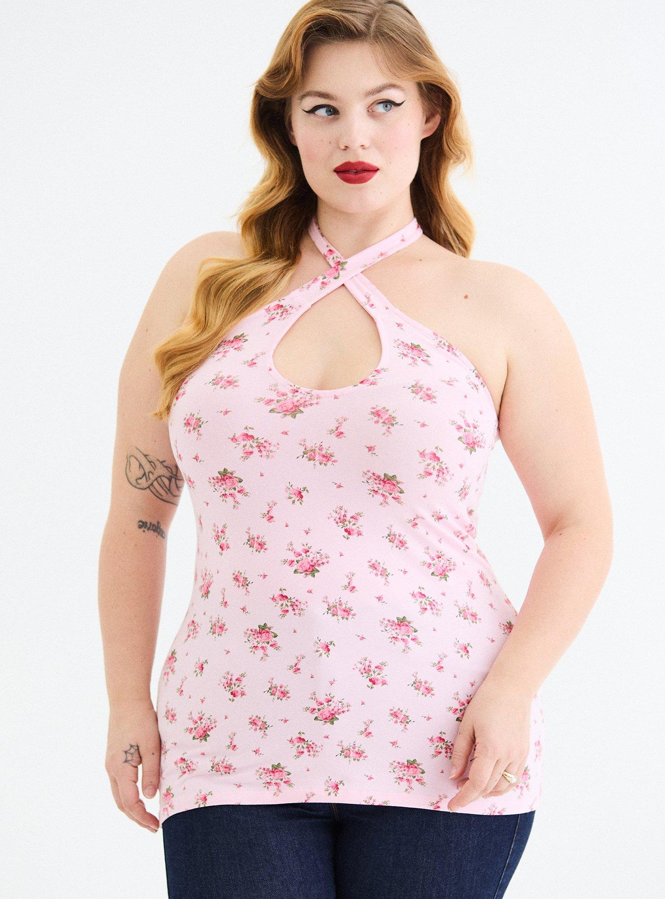 Retro Chic Foxy Twist-Neck Halter Top, ROMY ROSES FLORAL PINK, alternate