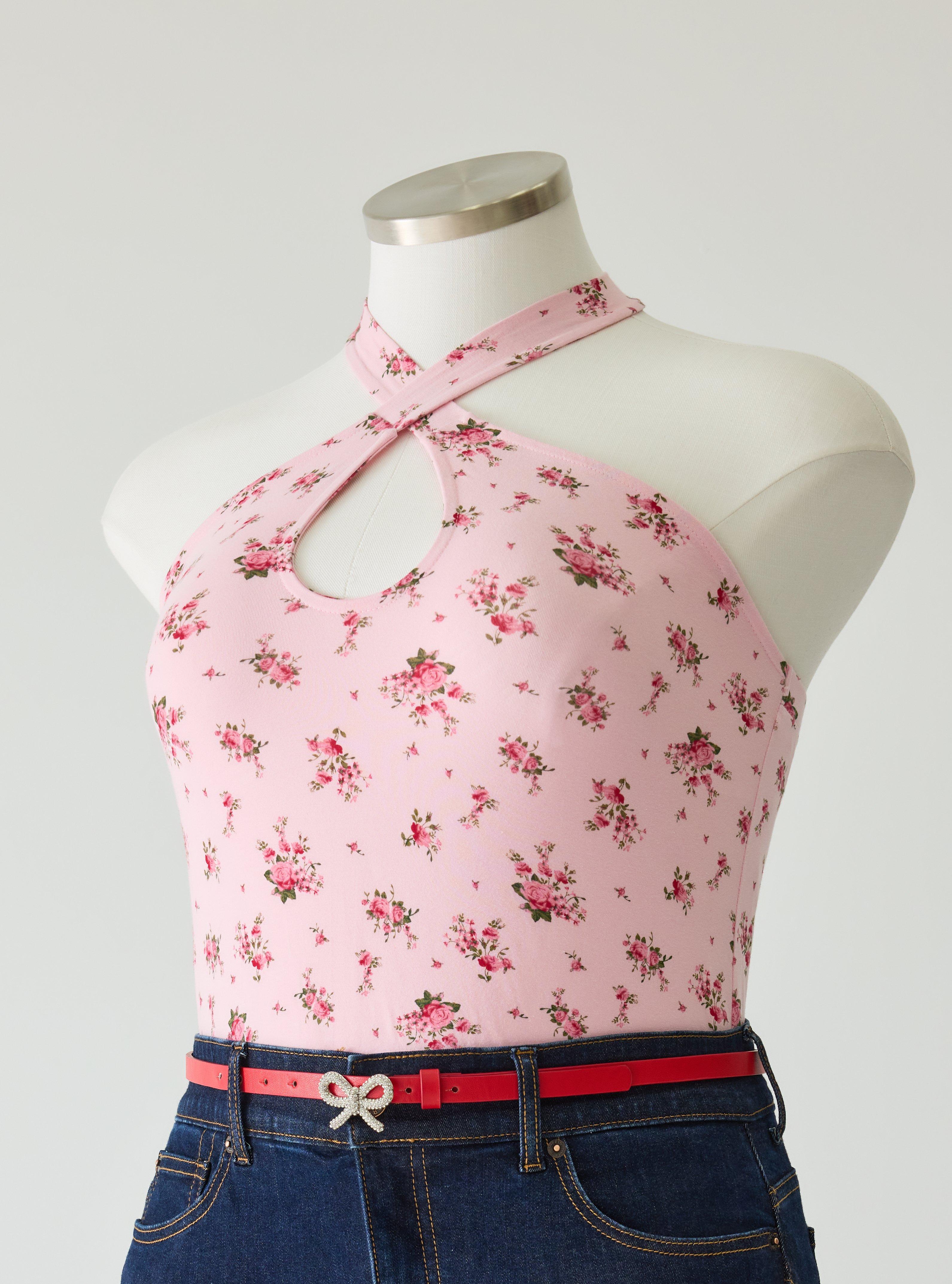 Retro Chic Foxy Twist-Neck Halter Top, ROMY ROSES FLORAL PINK, hi-res