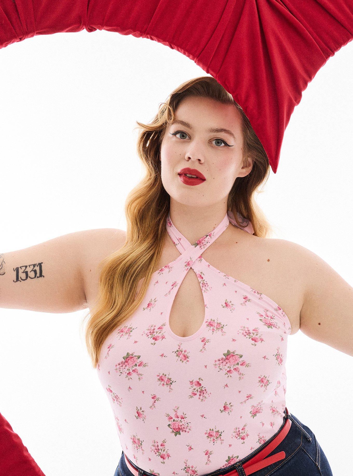 Plus Size Retro Chic Foxy Twist Neck Halter Top, ROMY ROSES FLORAL PINK, hi-res
