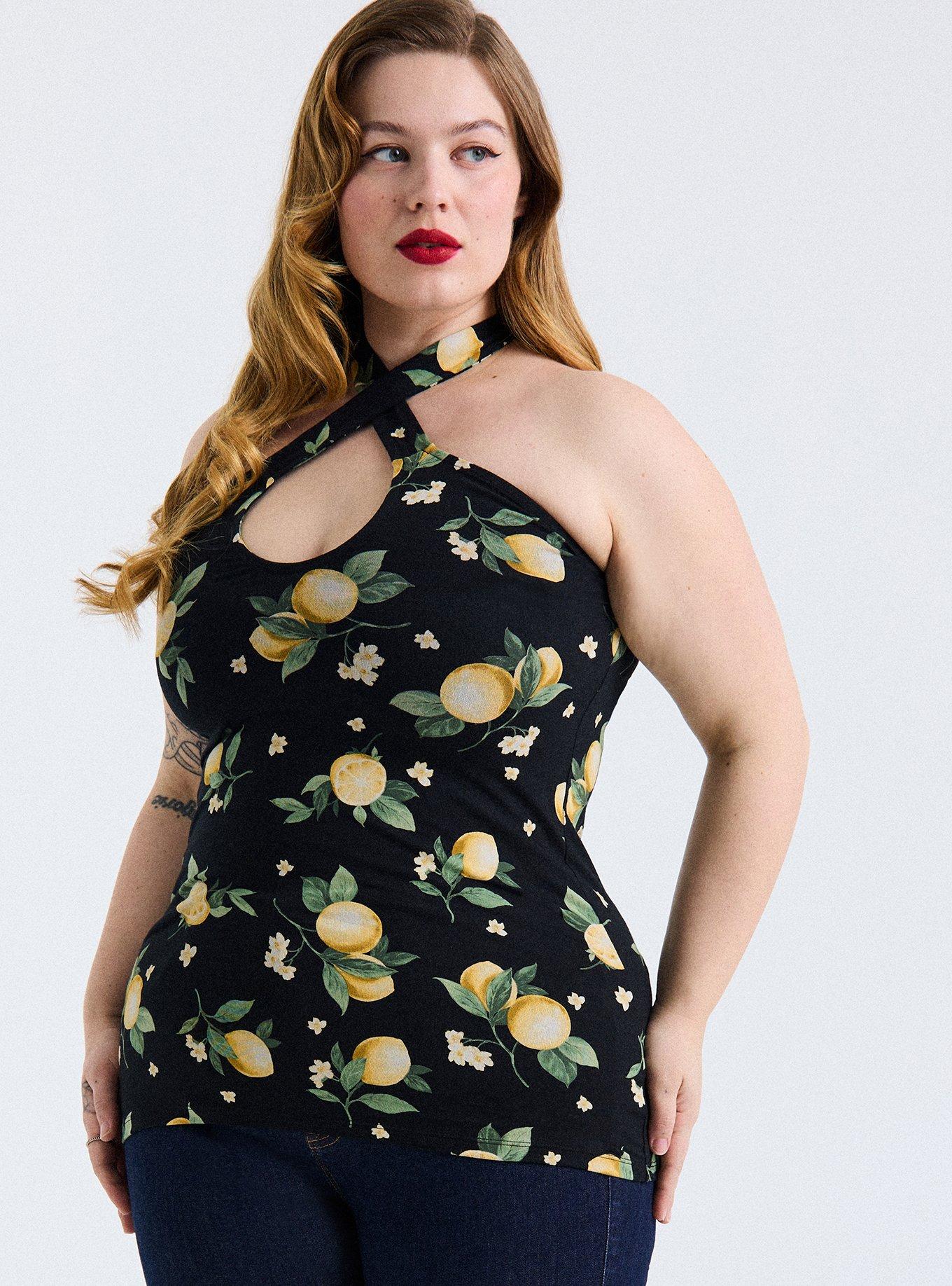 Retro Chic Foxy Twist-Neck Halter Top, COLLEEN LEMONS BLACK, hi-res