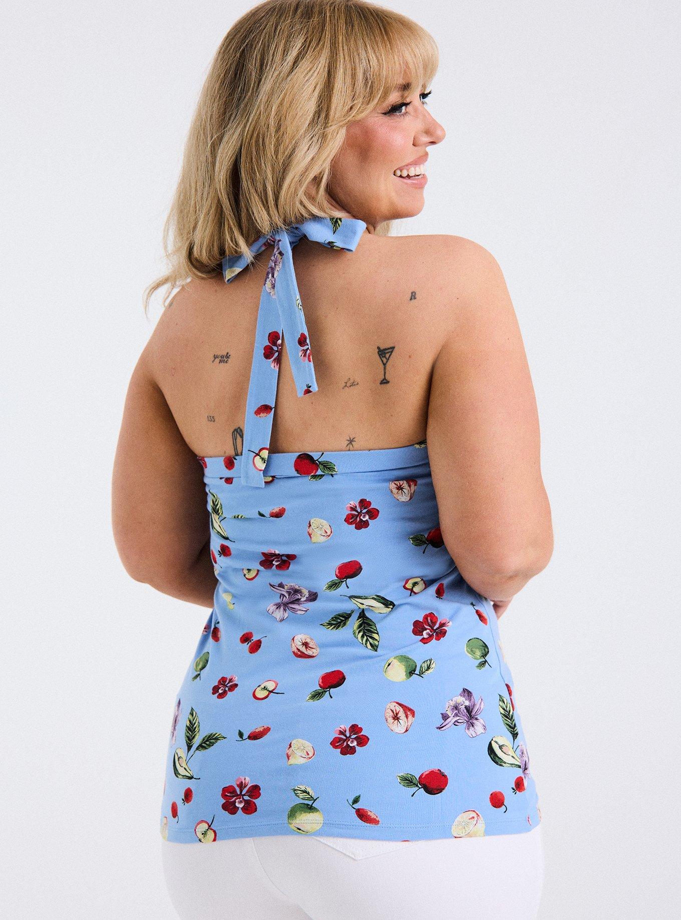 Retro Chic Foxy Twist-Neck Halter Top, FRANKIE FRUITS BLUE, alternate