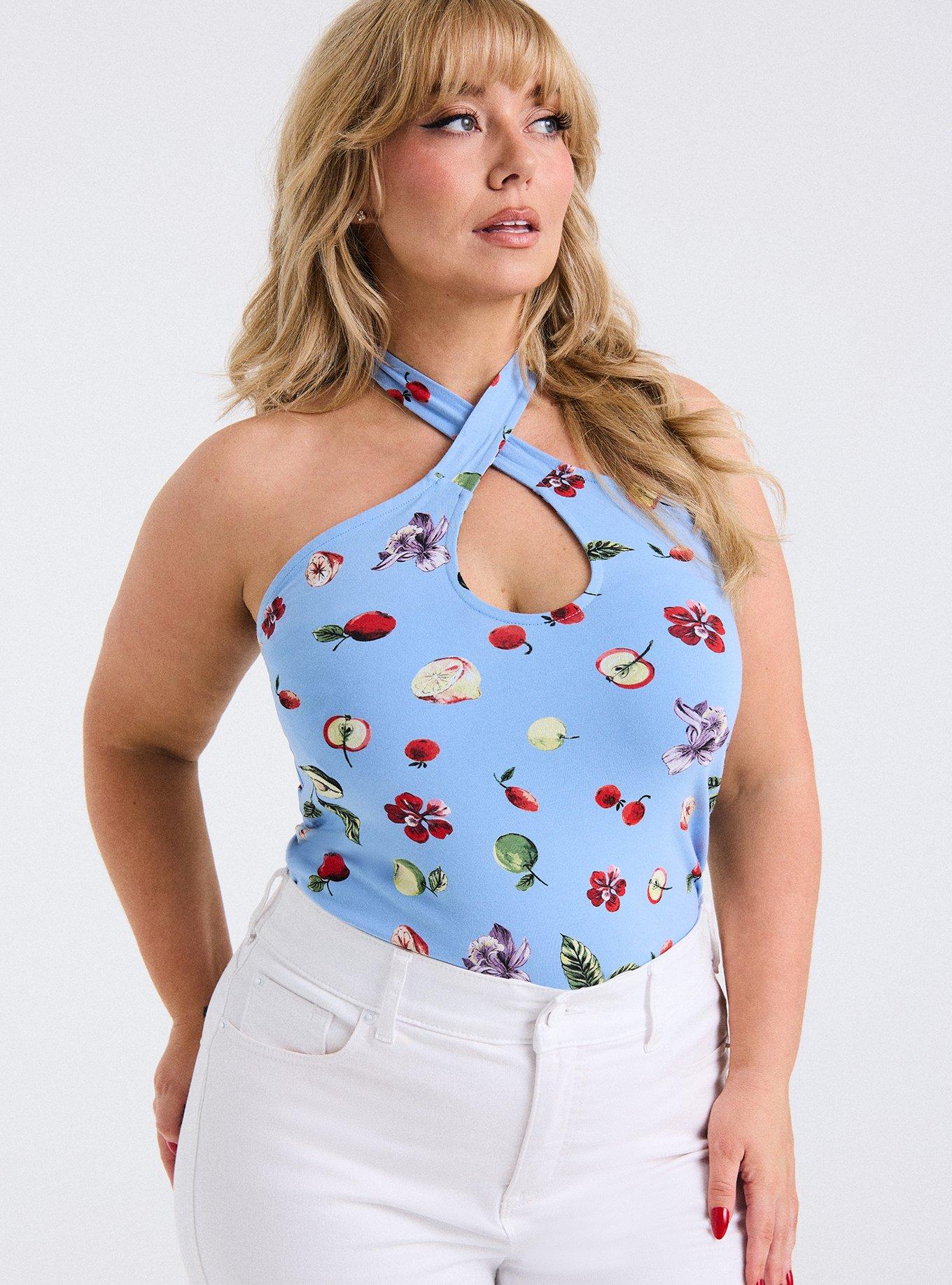 Retro Chic Foxy Twist-Neck Halter Top, FRANKIE FRUITS BLUE, alternate