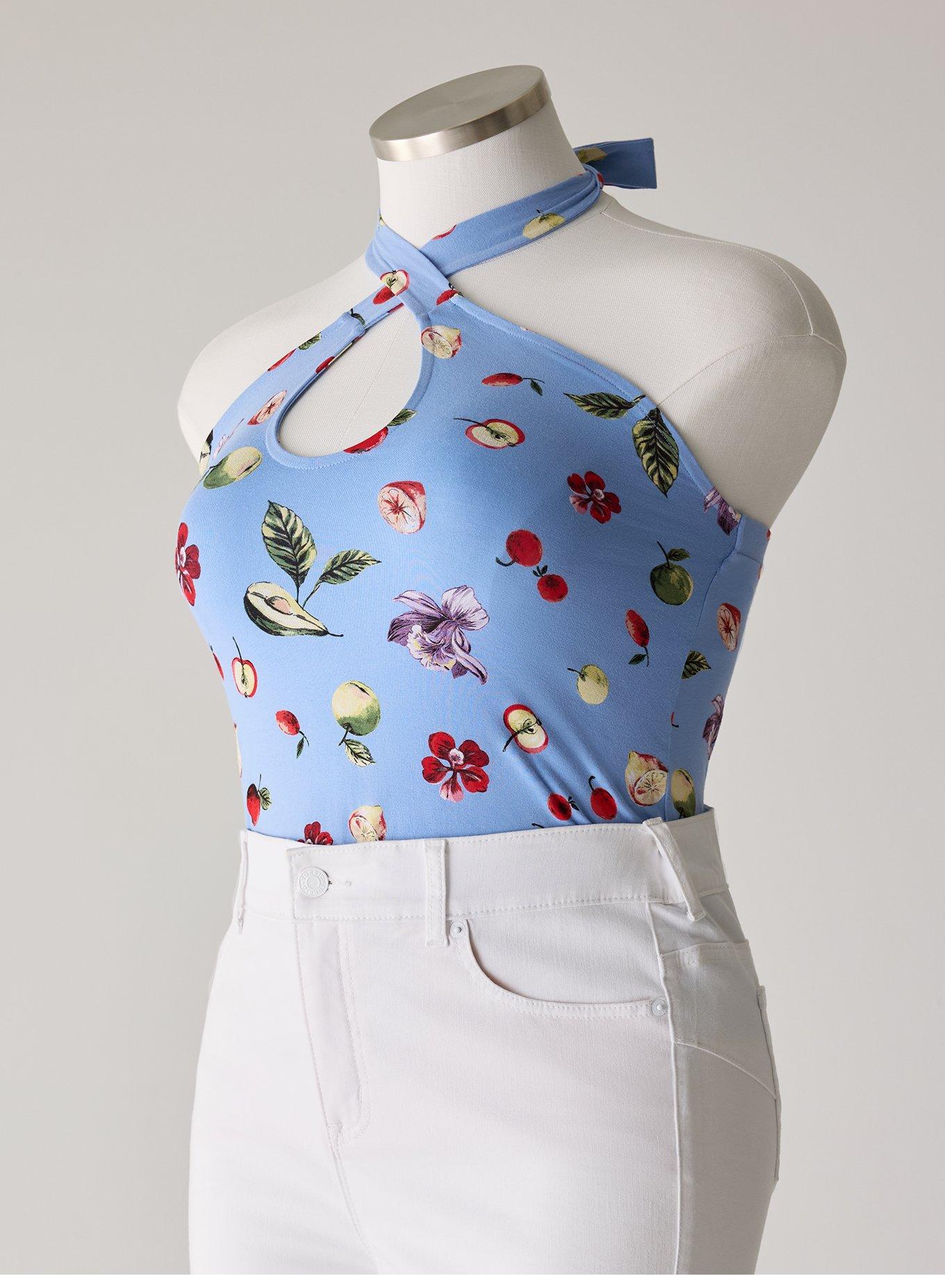 Retro Chic Twist Neck Halter Top, FRANKIE FRUITS BLUE, hi-res