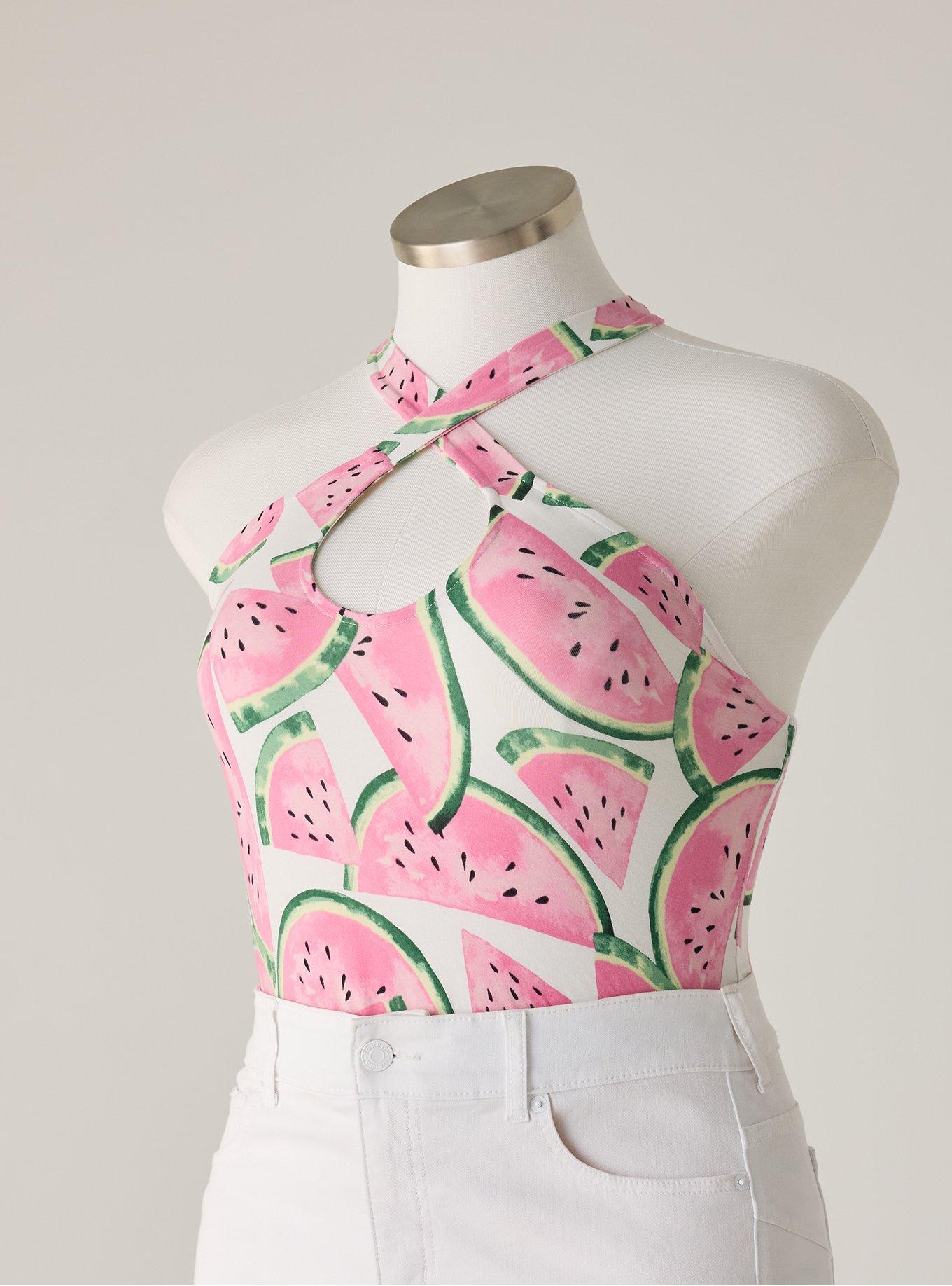 Retro Chic Foxy Twist Neck Halter Top, WATERMELON LAYER WHITE, flat