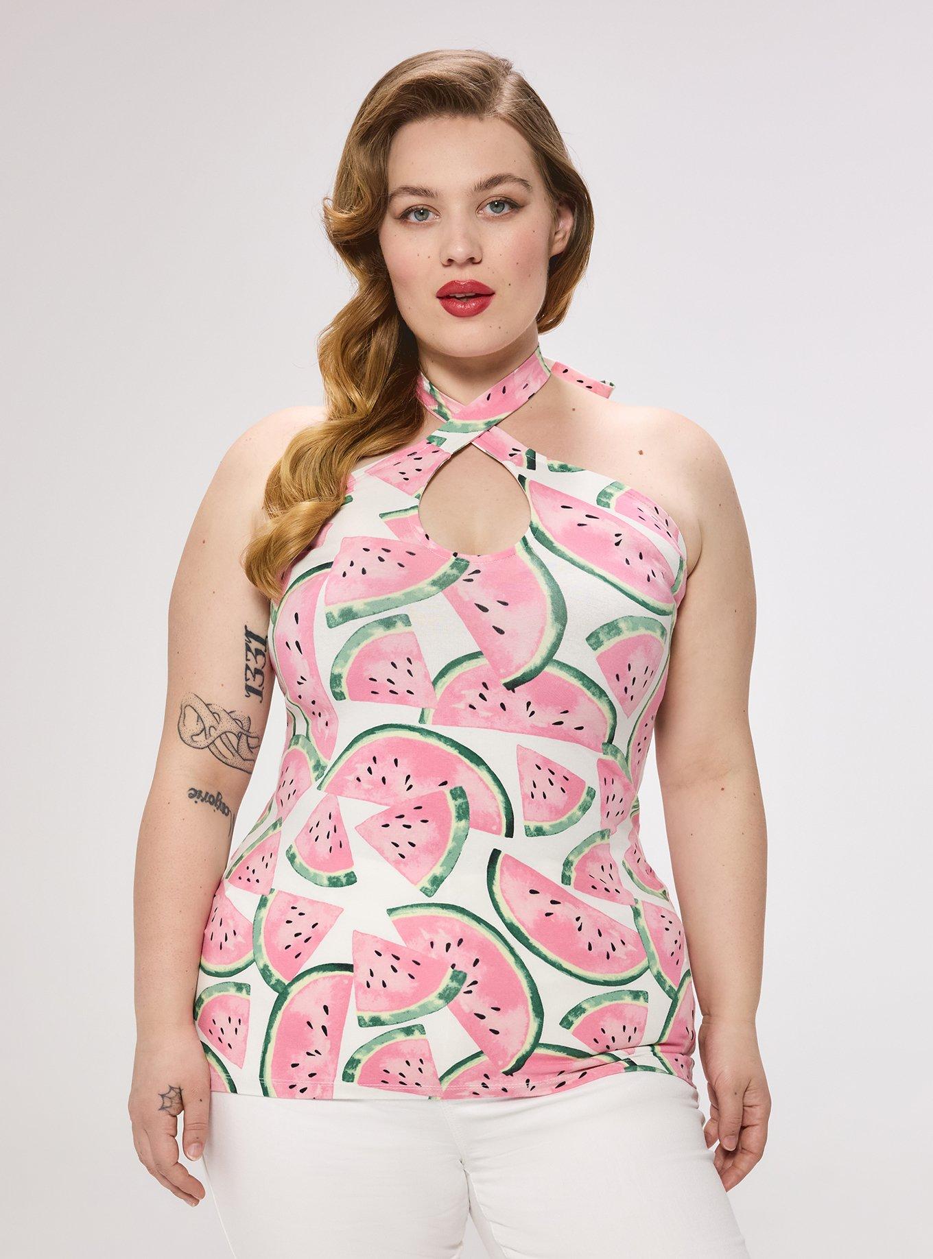 Retro Chic Twist Neck Halter Top, WATERMELON LAYER WHITE, hi-res