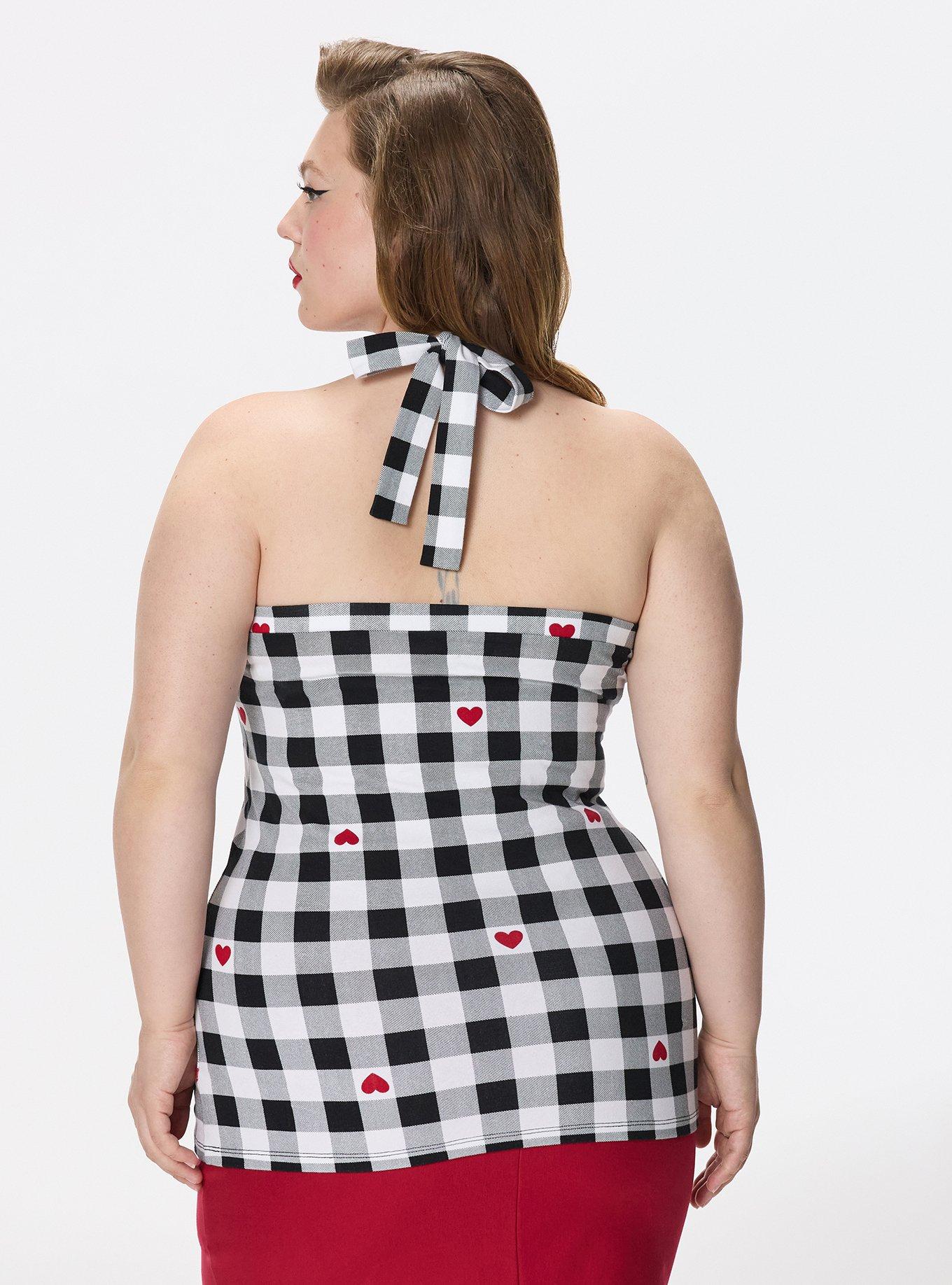Retro Chic Foxy Twist Neck Halter Top, VIV HEART GINGHAM  BLACK, alternate