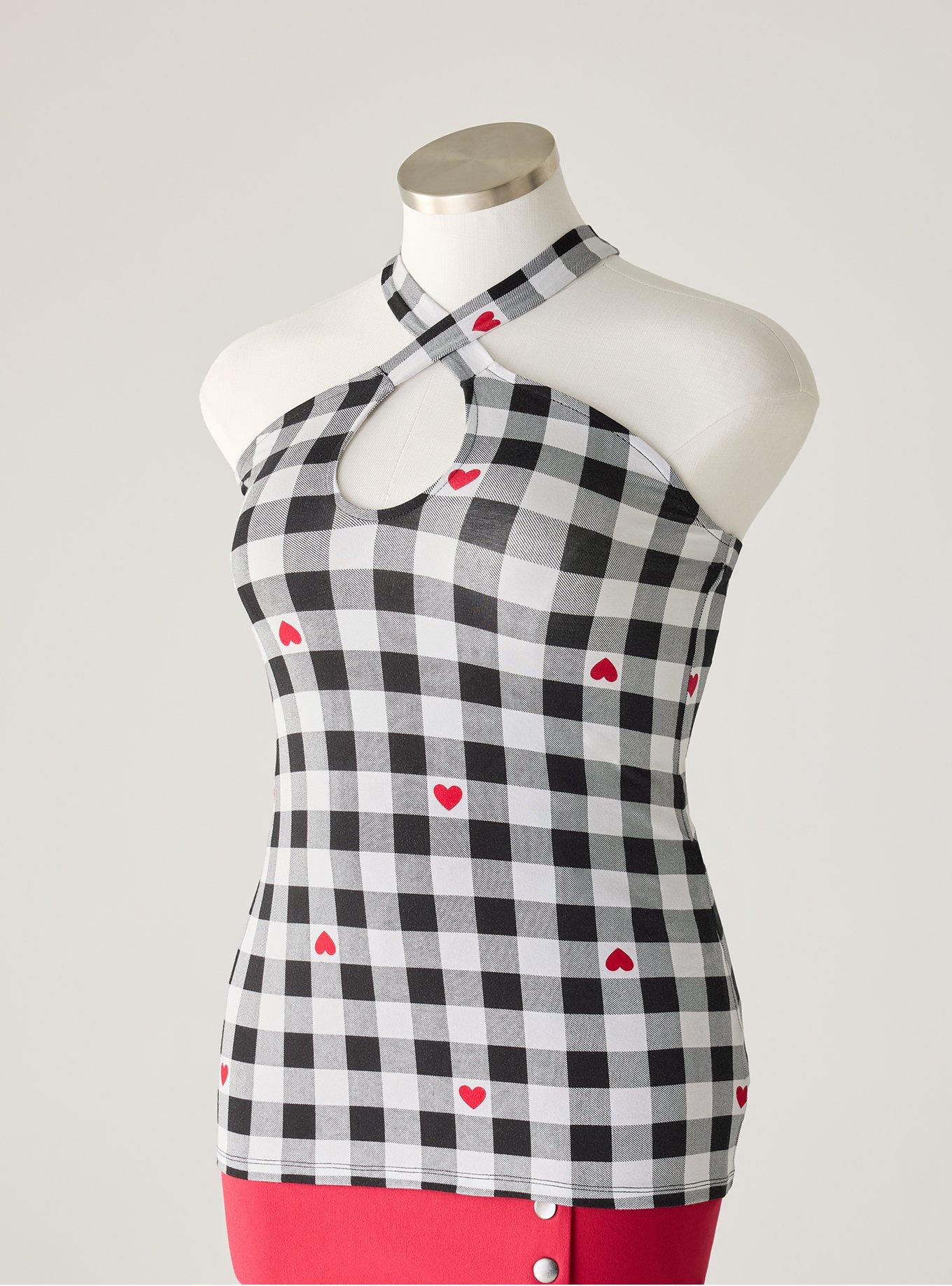 Plus Size Retro Chic Foxy Twist Neck Halter Top, VIV HEART GINGHAM  BLACK, flat