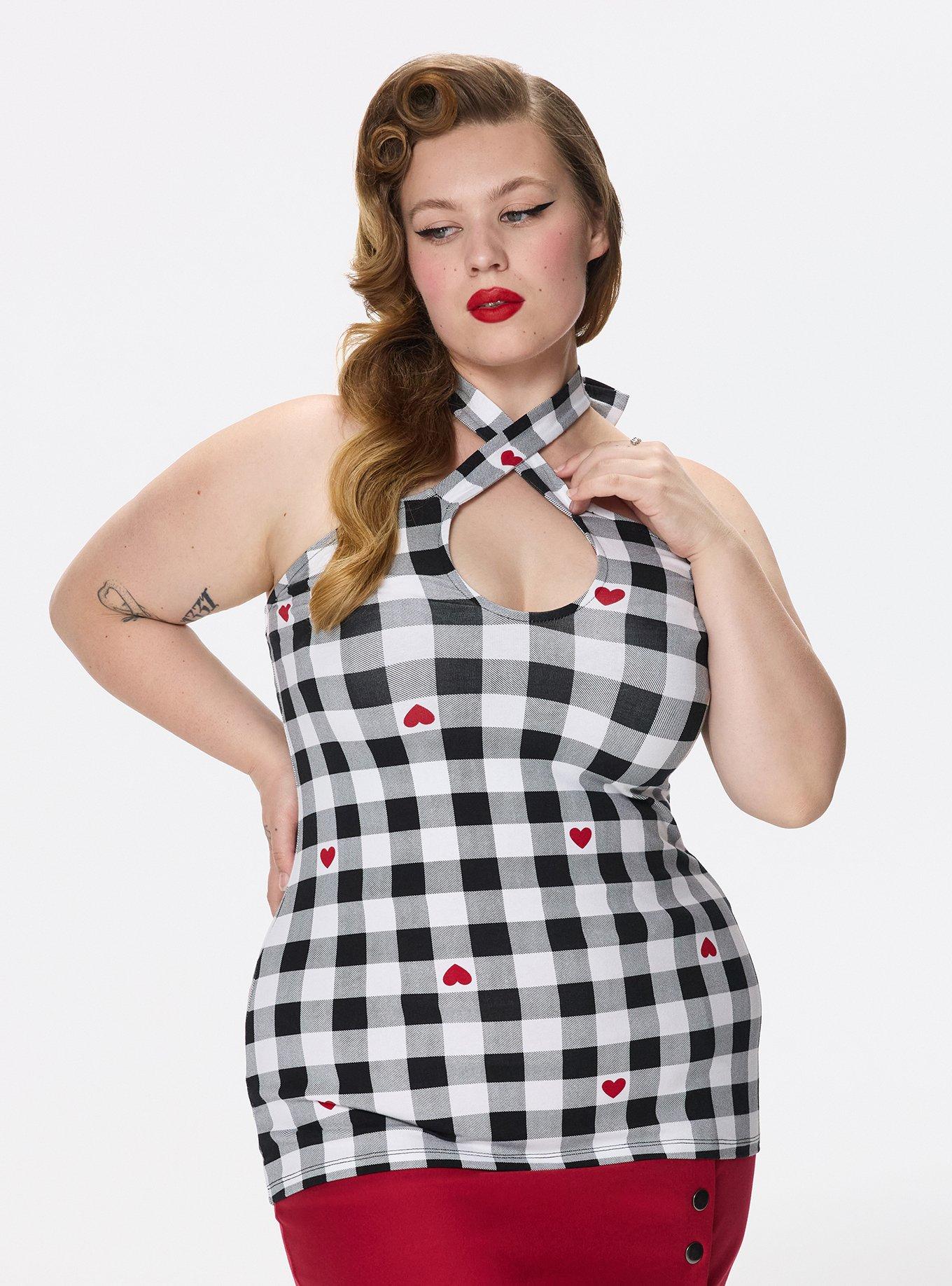 Retro Chic Foxy Twist Neck Halter Top, VIV HEART GINGHAM  BLACK, hi-res