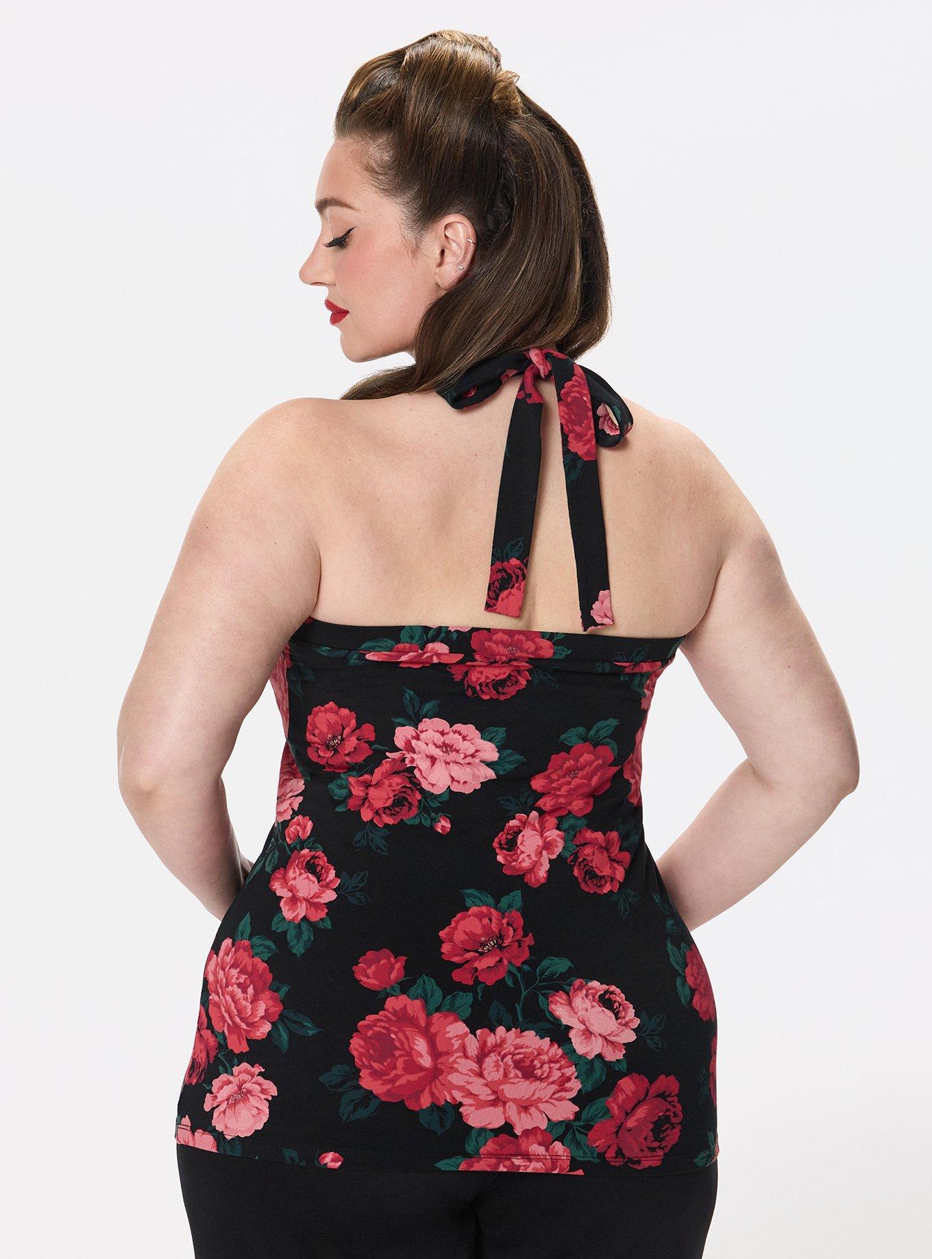 Retro Chic Foxy Twist Neck Halter Top, TRADITIONAL ROSES FLORAL BLACK, alternate