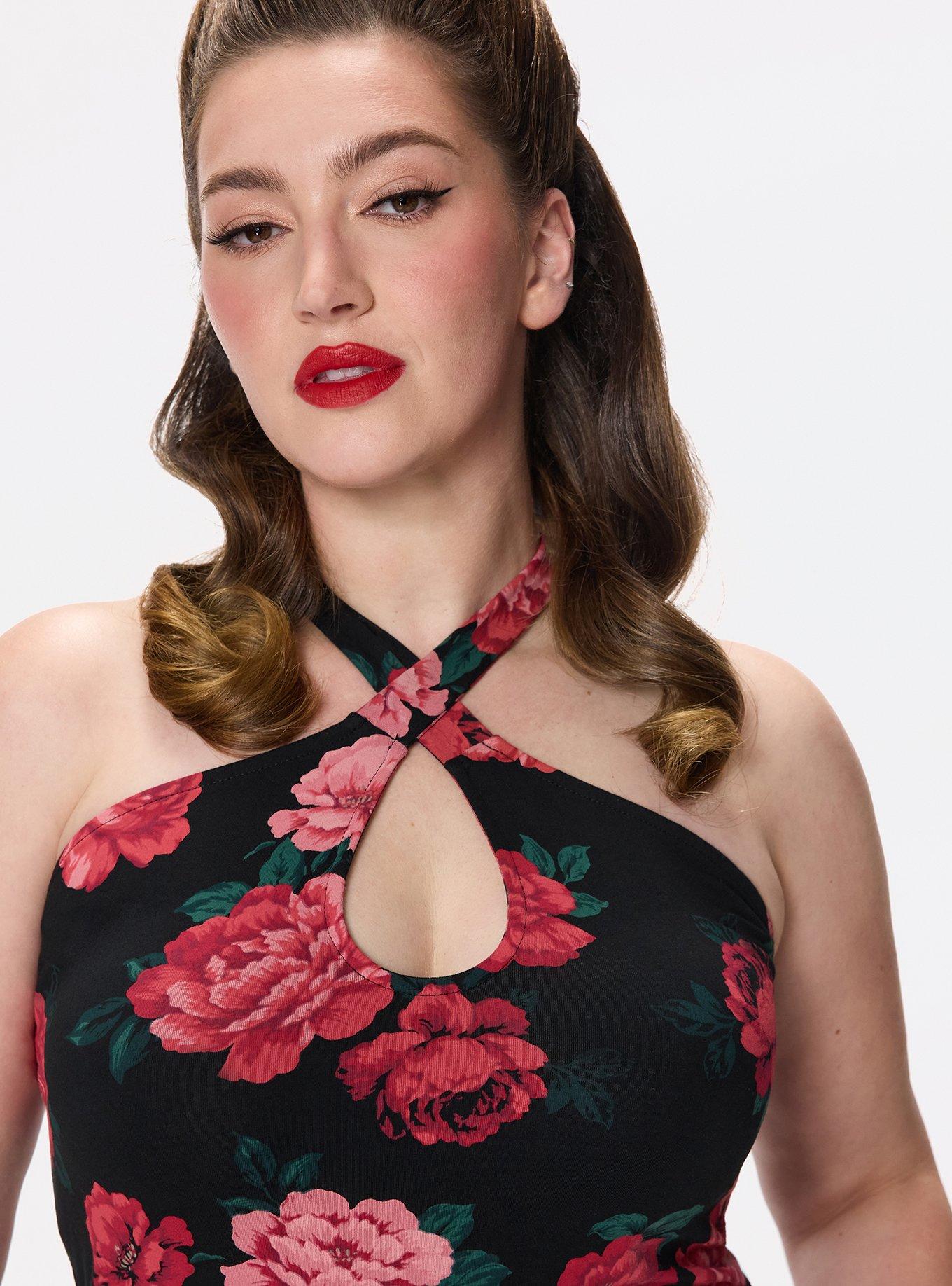 Retro Chic Foxy Twist Neck Halter Top, TRADITIONAL ROSES FLORAL BLACK, alternate