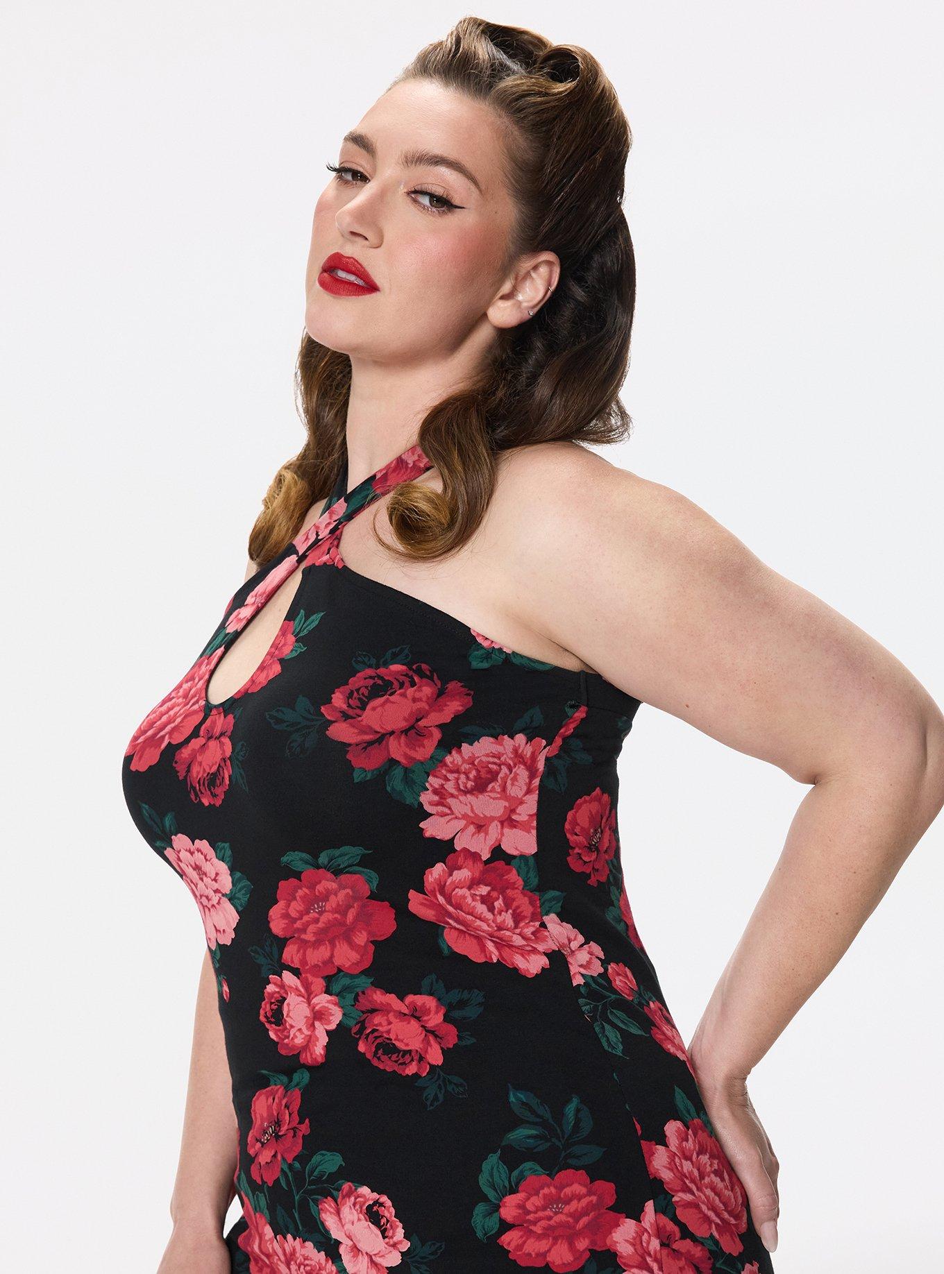 Retro Chic Foxy Twist Neck Halter Top, TRADITIONAL ROSES FLORAL BLACK, alternate