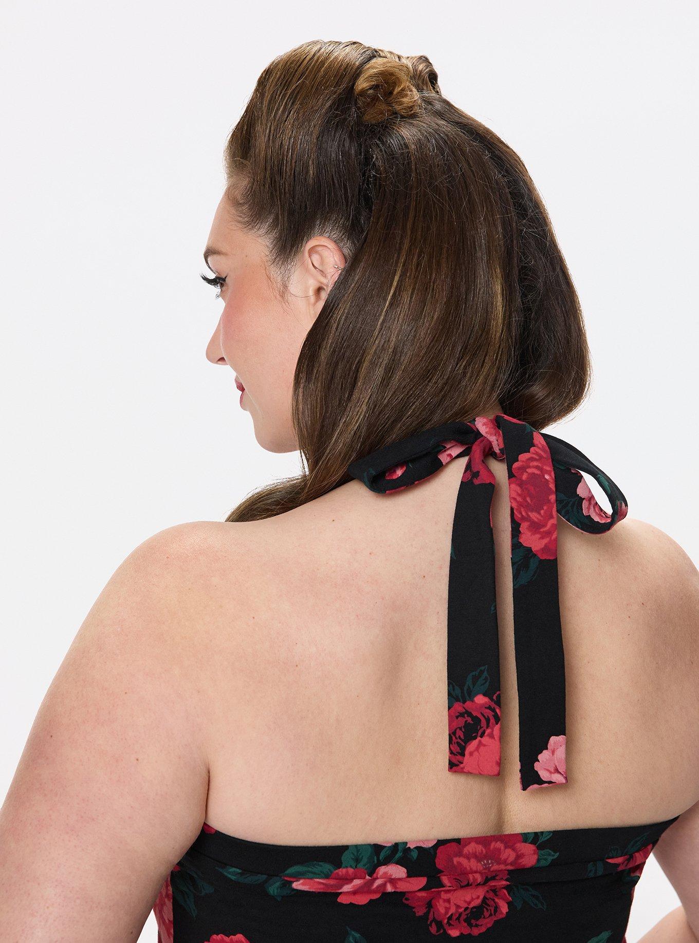 Retro Chic Foxy Twist Neck Halter Top, TRADITIONAL ROSES FLORAL BLACK, alternate