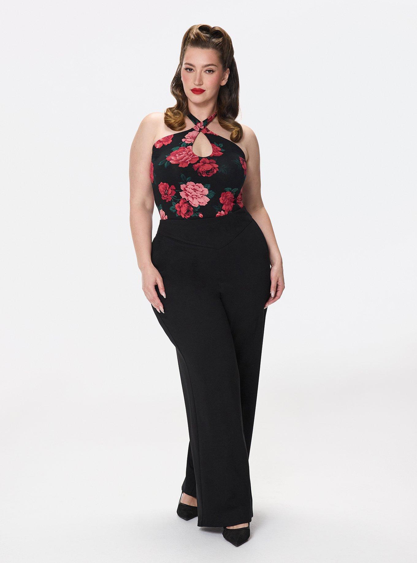 Retro Chic Foxy Twist Neck Halter Top, TRADITIONAL ROSES FLORAL BLACK, alternate