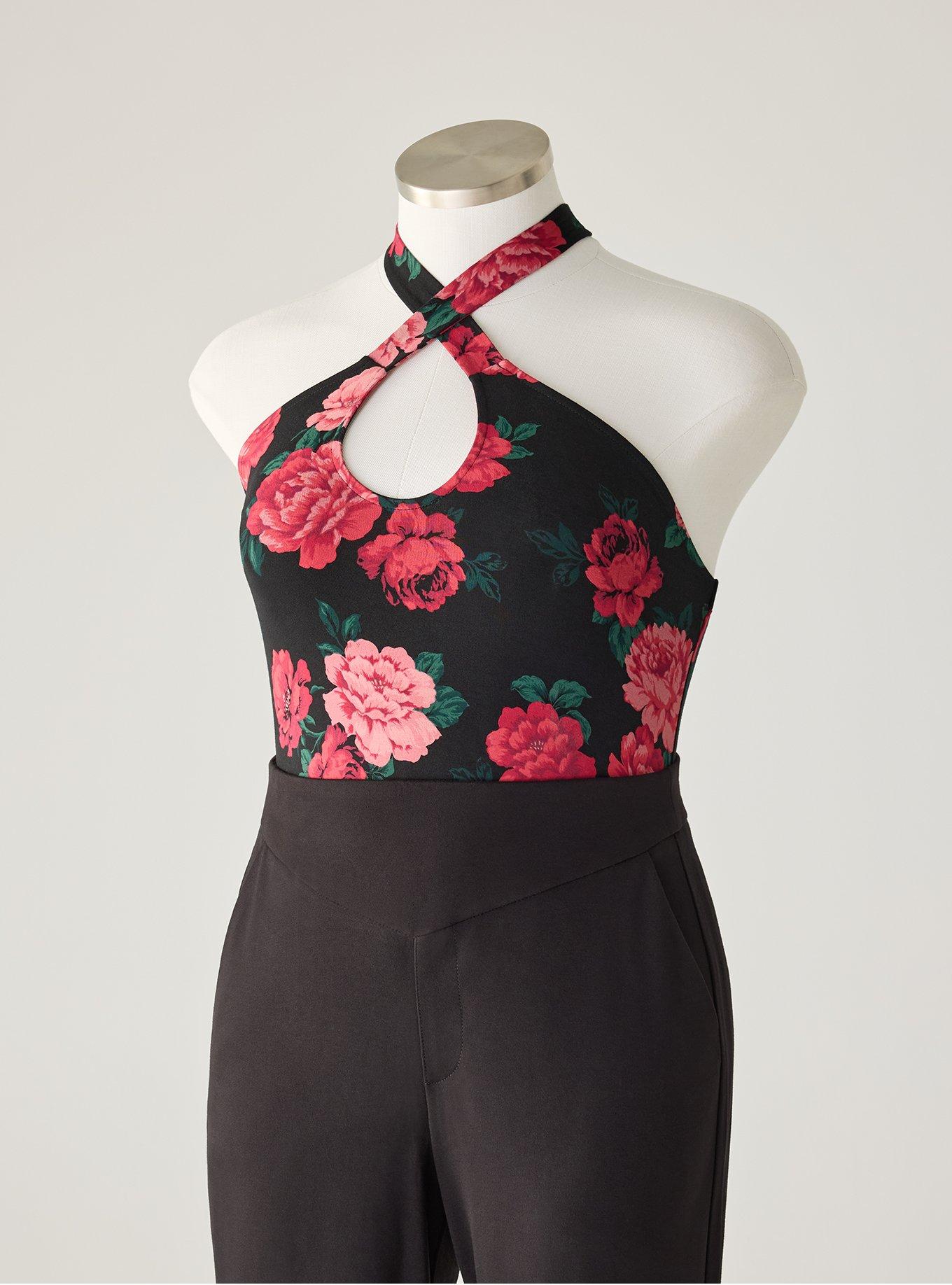Retro Chic Foxy Twist Neck Halter Top, TRADITIONAL ROSES FLORAL BLACK, flat