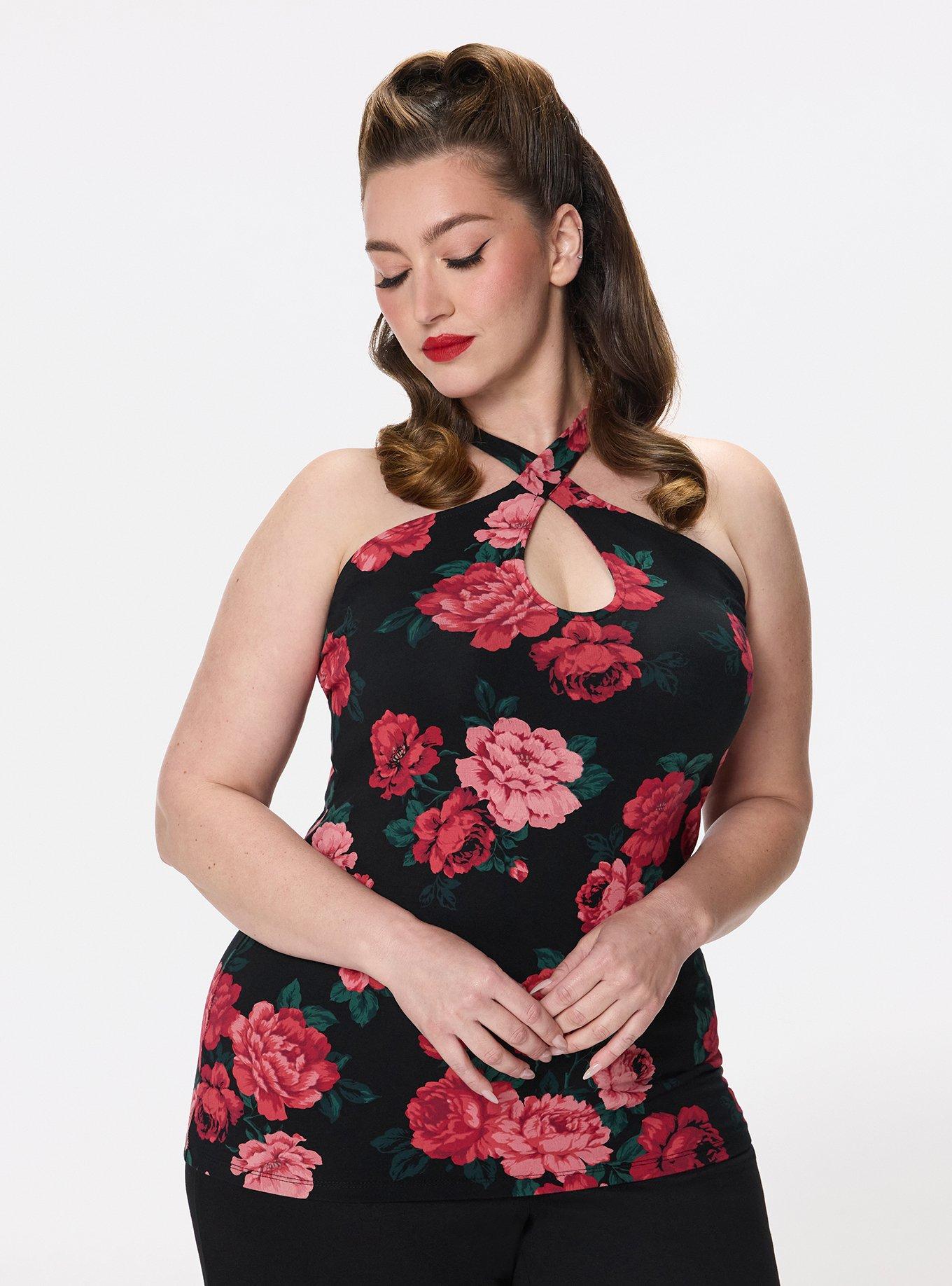 Retro Chic Foxy Twist Neck Halter Top, TRADITIONAL ROSES FLORAL BLACK, hi-res