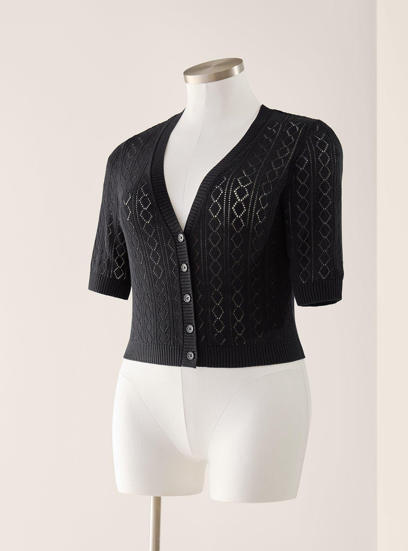 Retro Chic Pointelle Elbow Cardigan, DEEP BLACK, hi-res