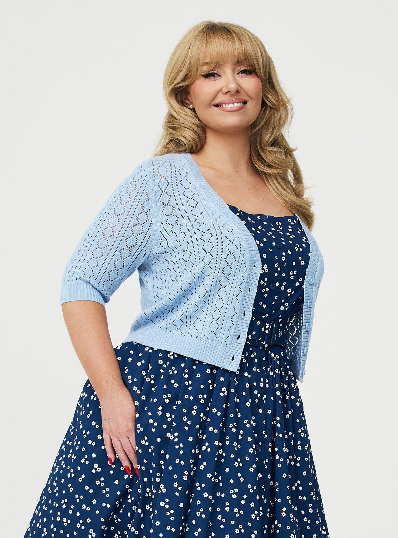 Retro Chic Pointelle Elbow Cardigan, CERULEAN, alternate