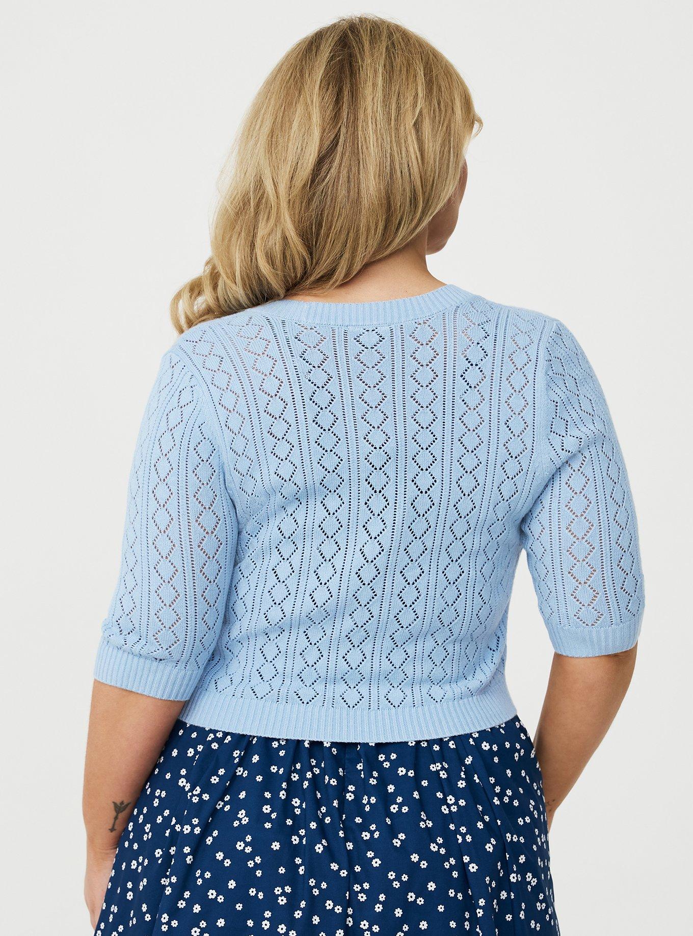 Retro Chic Pointelle Elbow Cardigan, CERULEAN, alternate