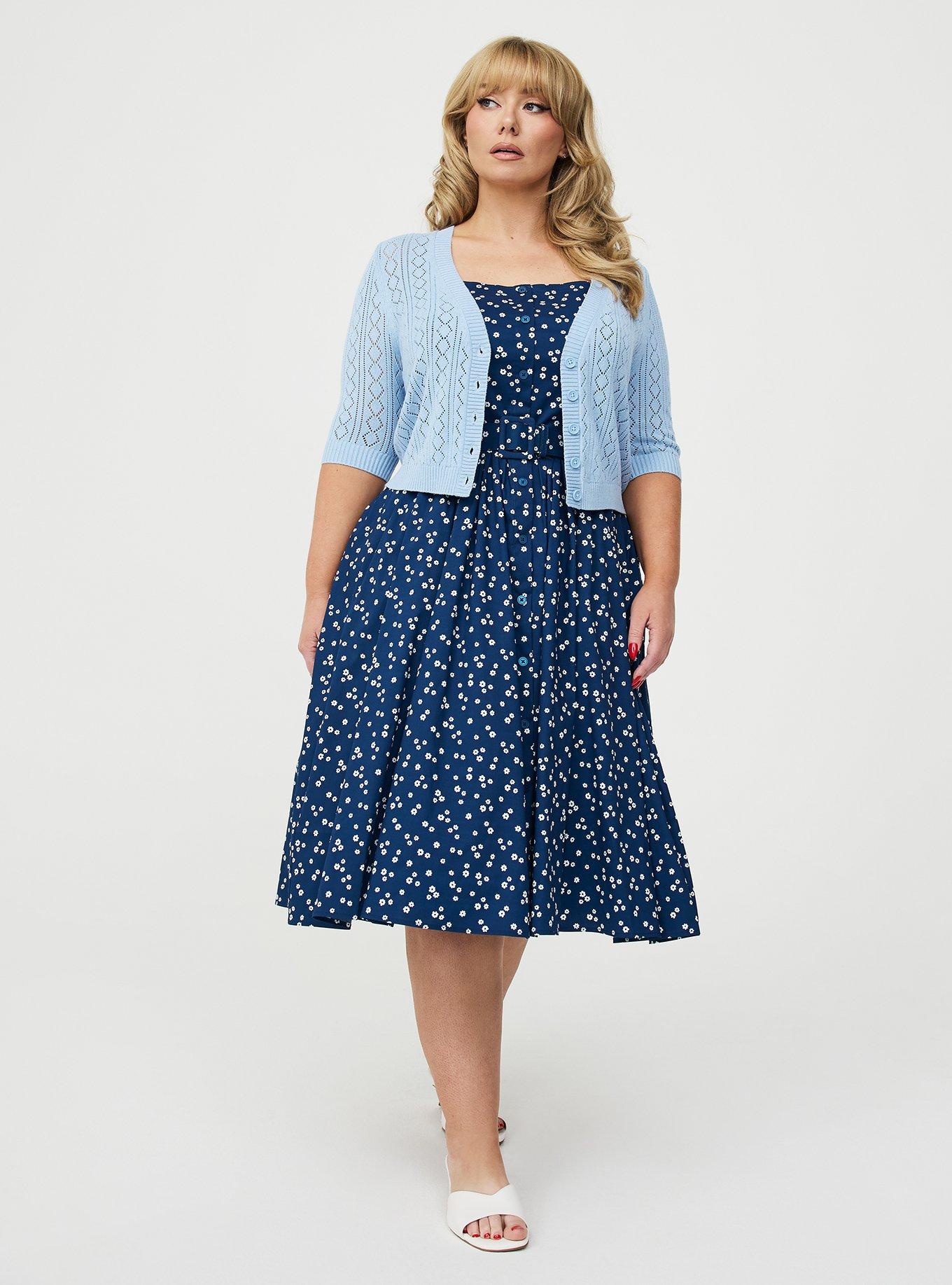 Retro Chic Pointelle Elbow Cardigan, CERULEAN, alternate