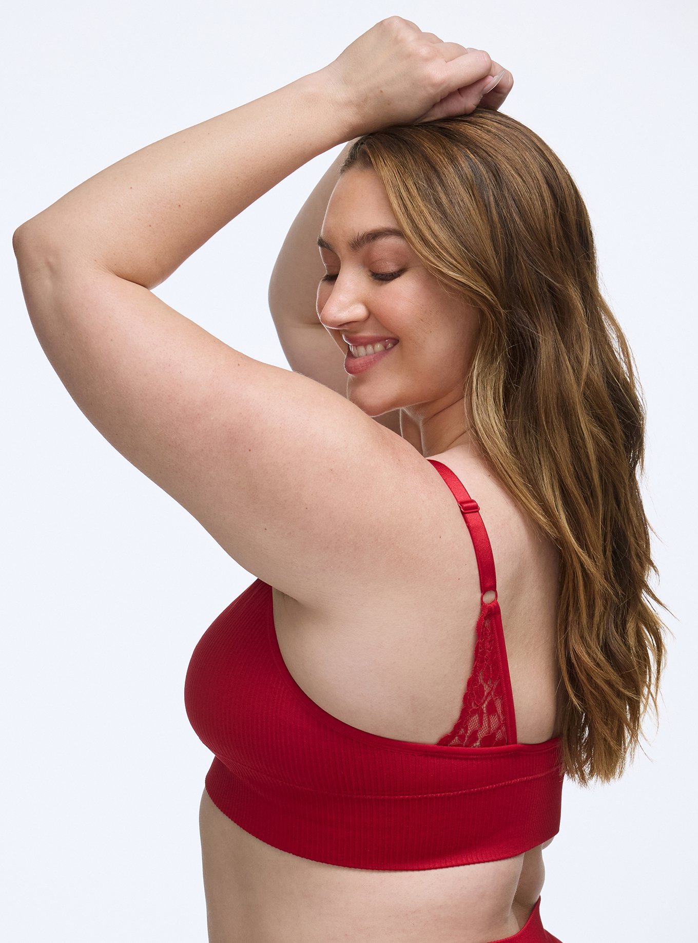 Unlined Seamless Plunge Rib Bralette, JESTER RED, alternate