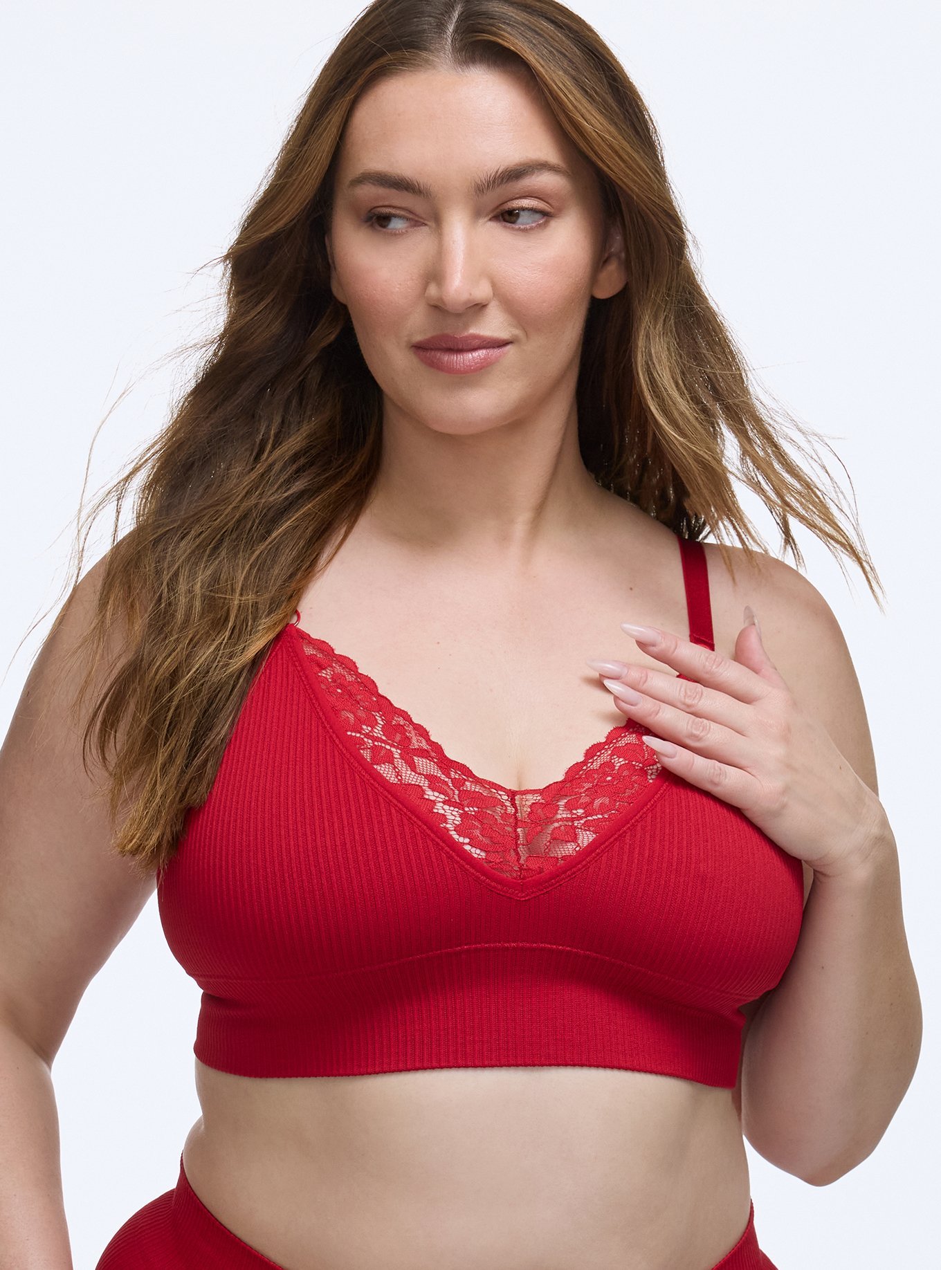 Unlined Seamless Plunge Rib Bralette, JESTER RED, hi-res