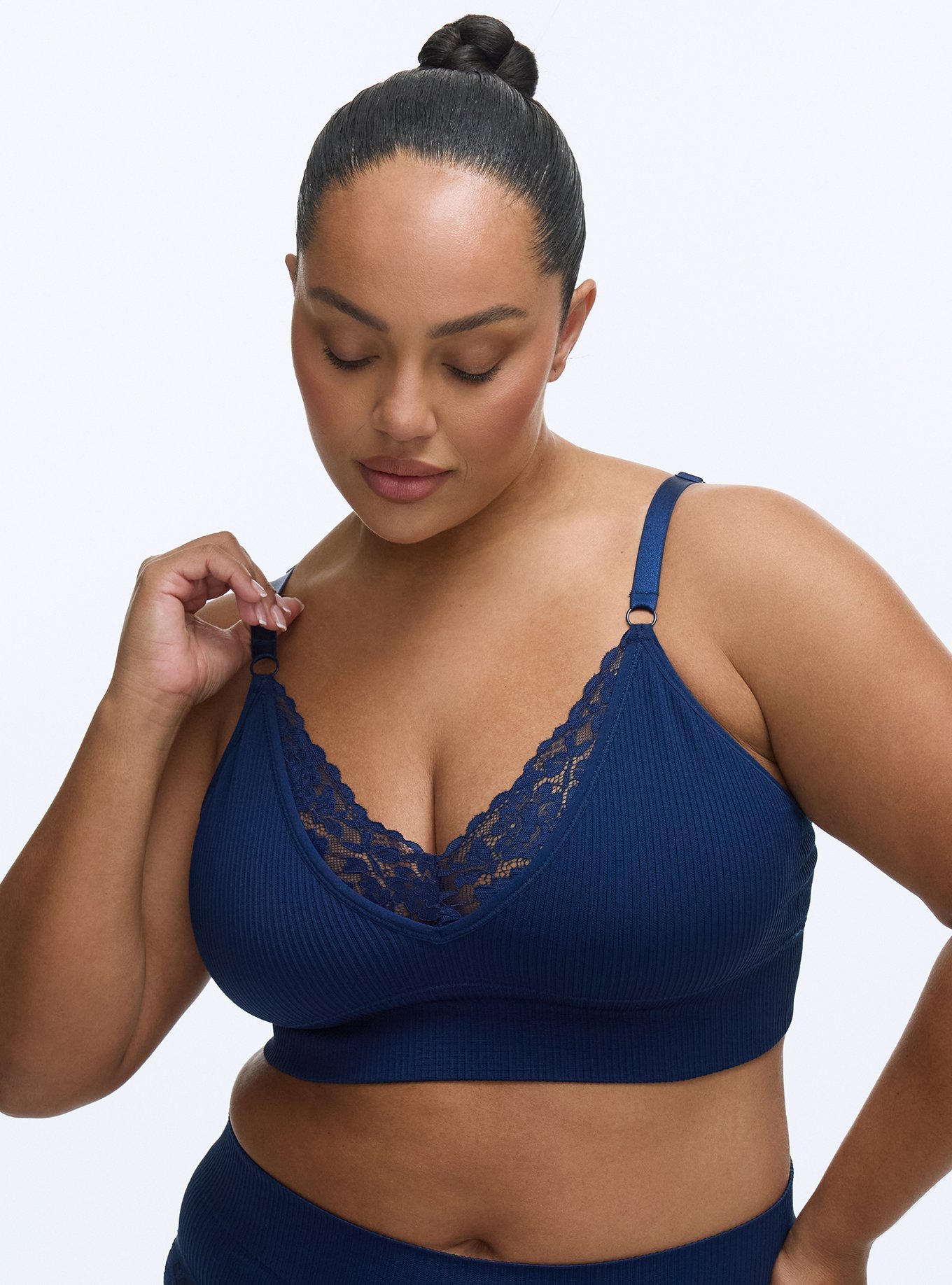 Unlined Seamless Plunge Rib Bralette, MEDIEVAL BLUE, hi-res